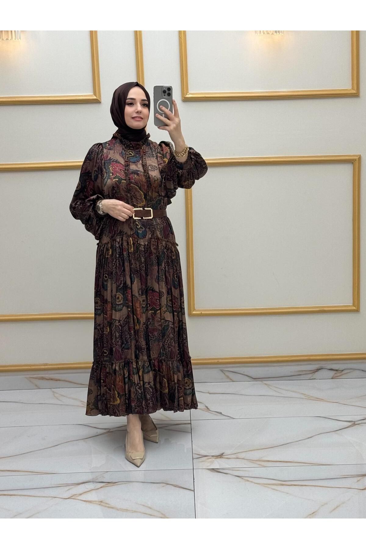 sinanurmoda Kadın Kahverengi Astarlı Şifon Elbise 3348