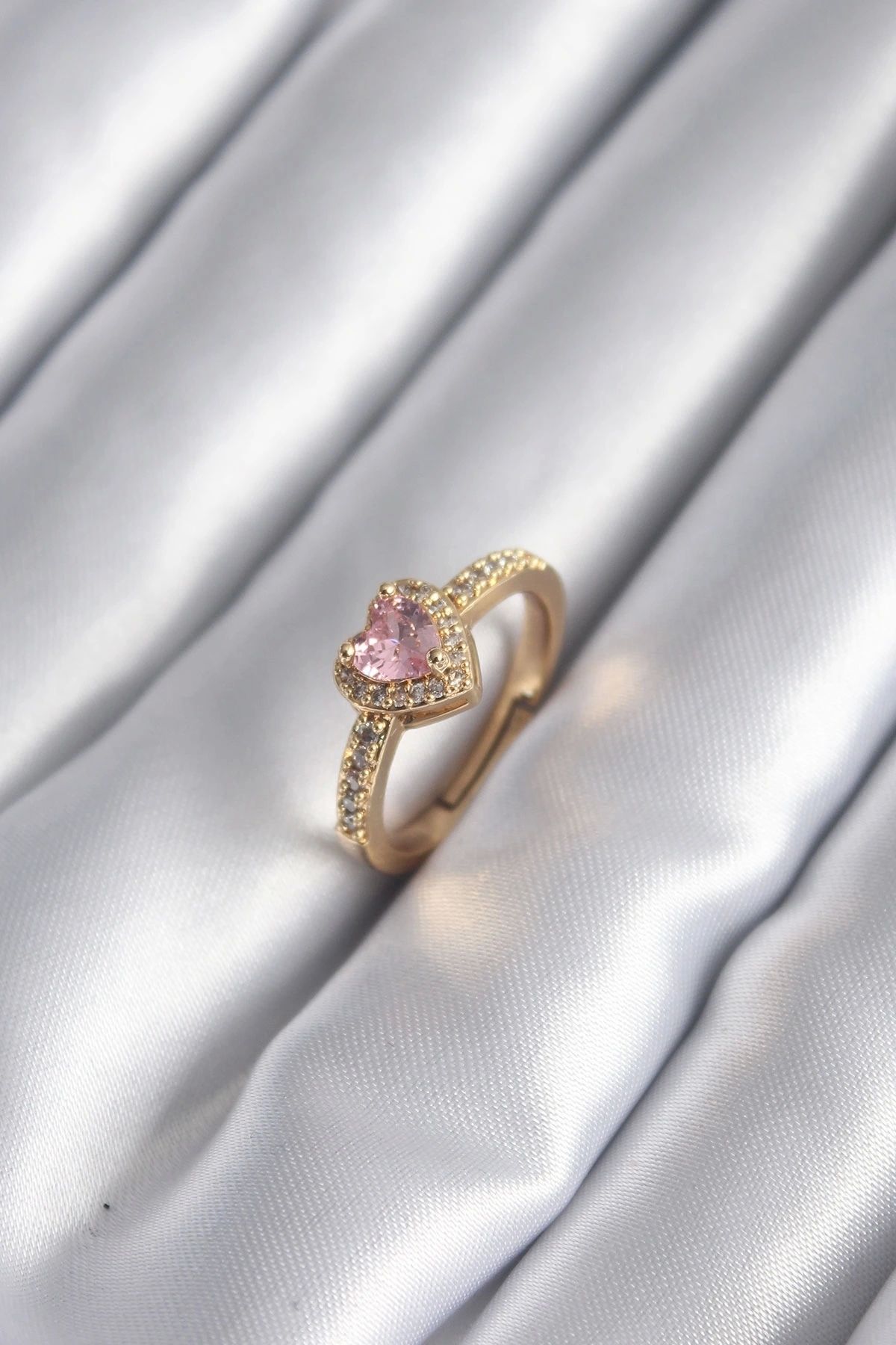 STOREMAX Pirinç Gold Renk Pembe Zirkon Taş Kalp Charm Model Kadın Yüzük