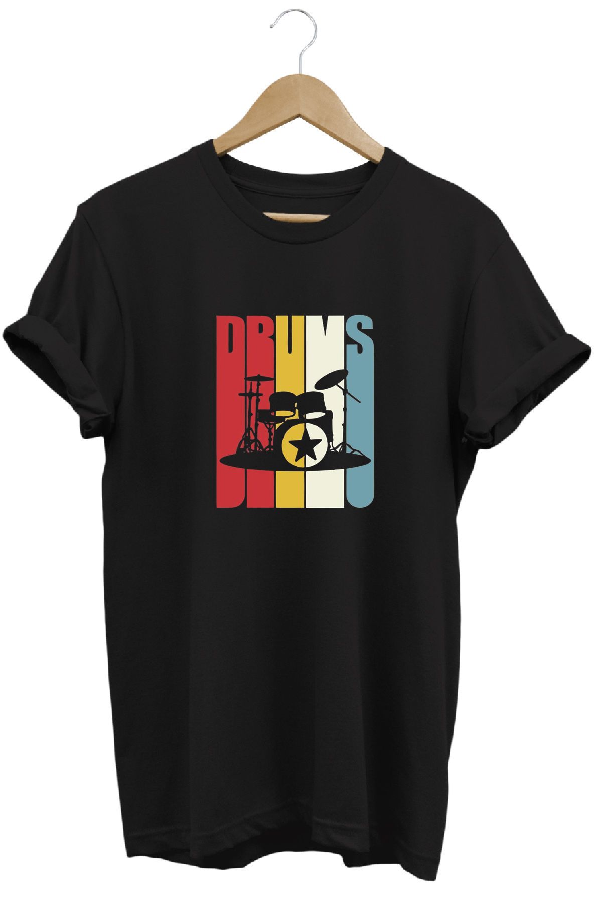 remonz Drum Davul Baskılı %100 Pamuk Regular Fit Bisiklet Yaka T-shirt