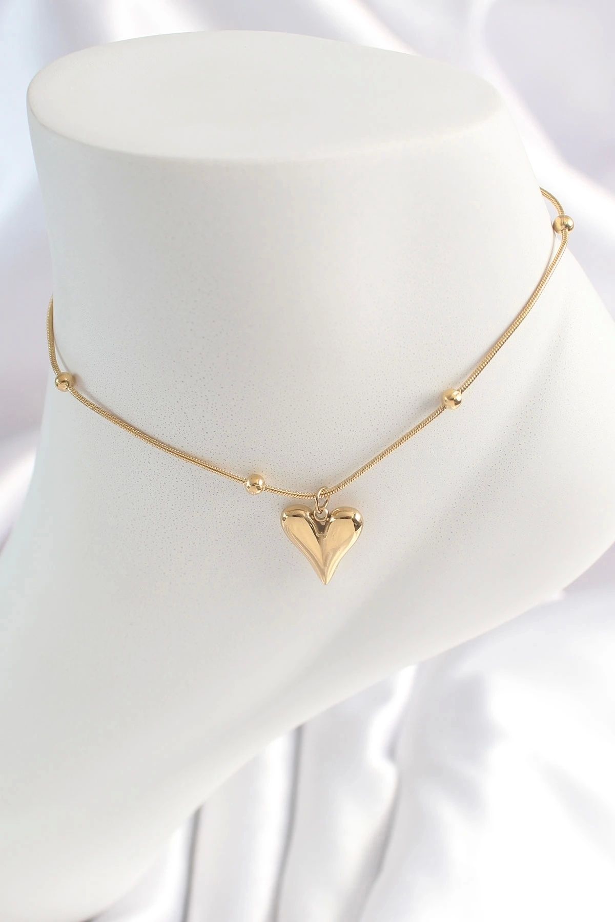STOREMAX 316L Çelik Gold Renk Minimal Topçuk Detay Kalp Figür Kadın HalHal