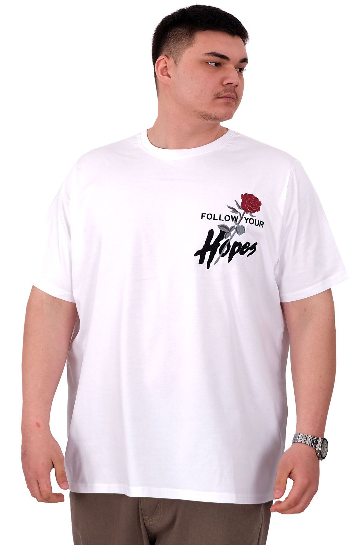 ModeXL Mode XL Büyük Beden Erkek T-Shirt Bisiklet Yaka ROSE U25032 Beyaz