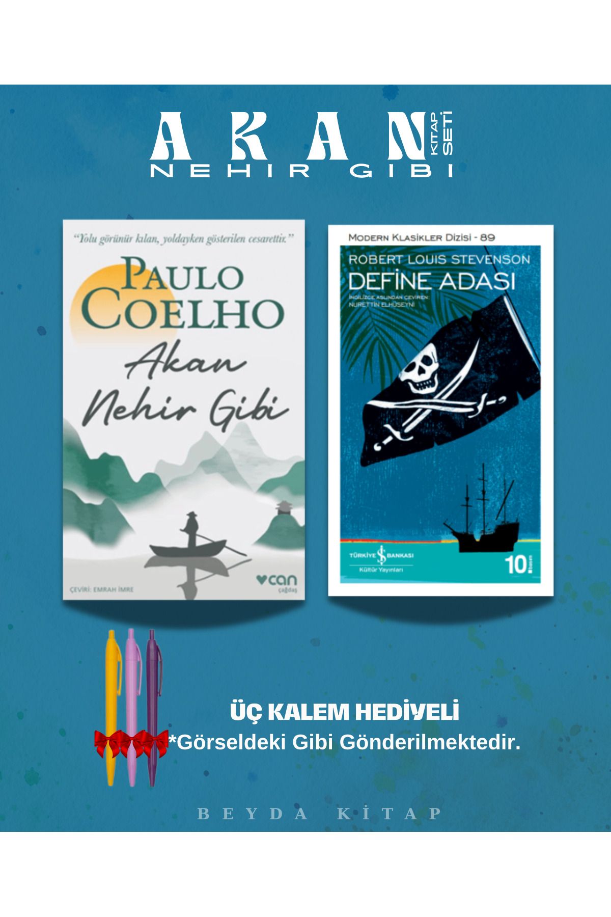 TÜRKİYE İŞ BANKASI KÜLTÜR YAYINLARI Akan Nehir Gibi - Define Adası - Paulo Coelho - Kalem Hediyeli - Kitap Seti