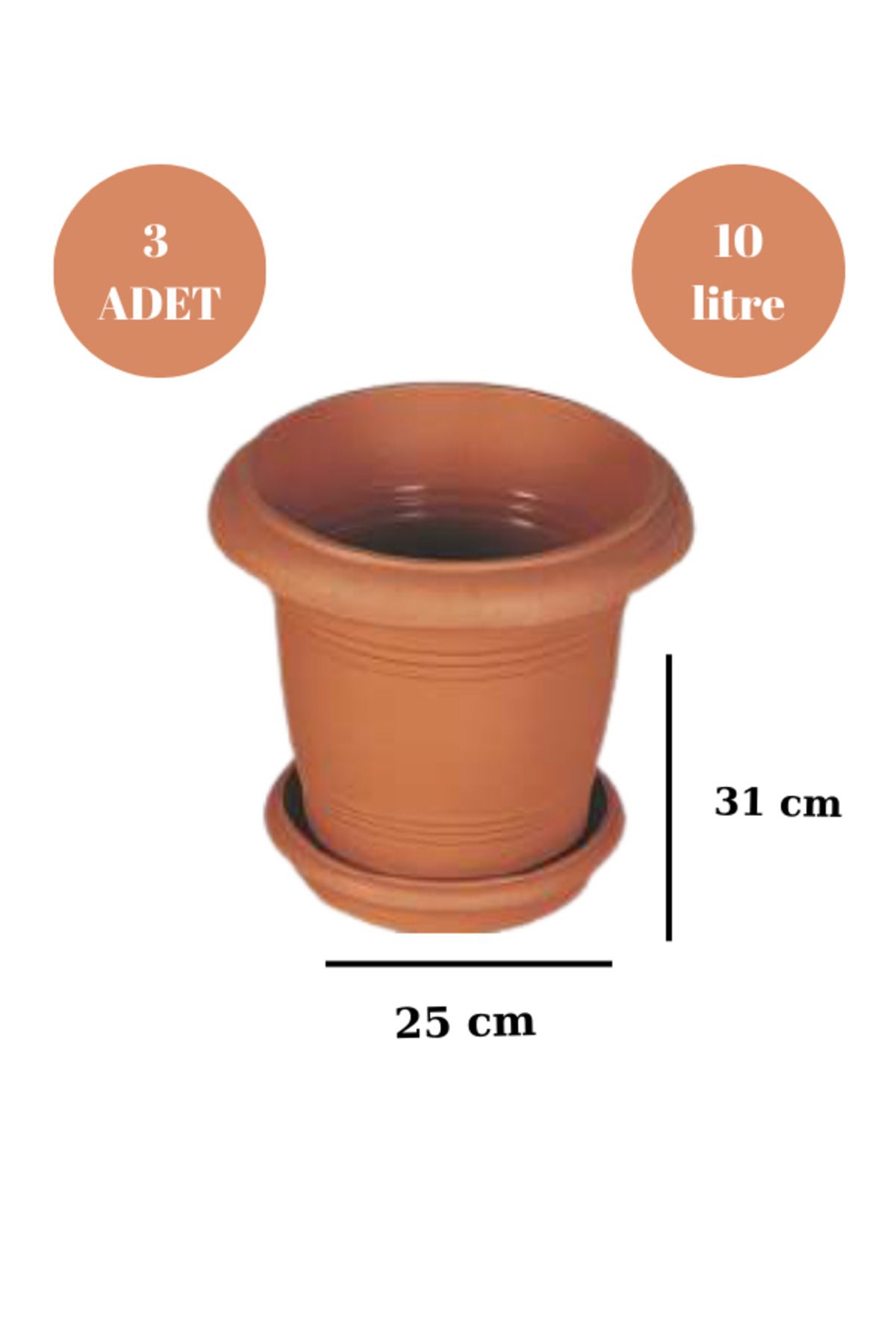 Loremp Balkon Saksı Bahçe Saksısı Küçük Boy Yuvarlak Saksı Antik ve Altlığı 10 Litre 3 Adet 25x31