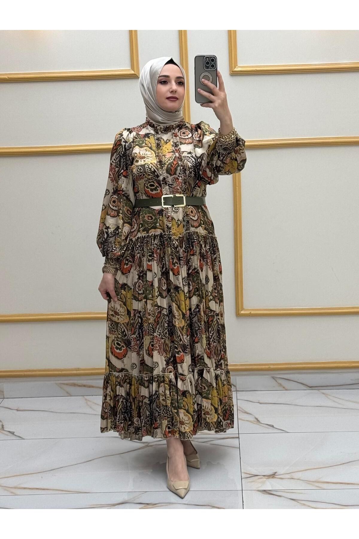 sinanurmoda Kadın Yeşil Astarlı Şifon Elbise 3348