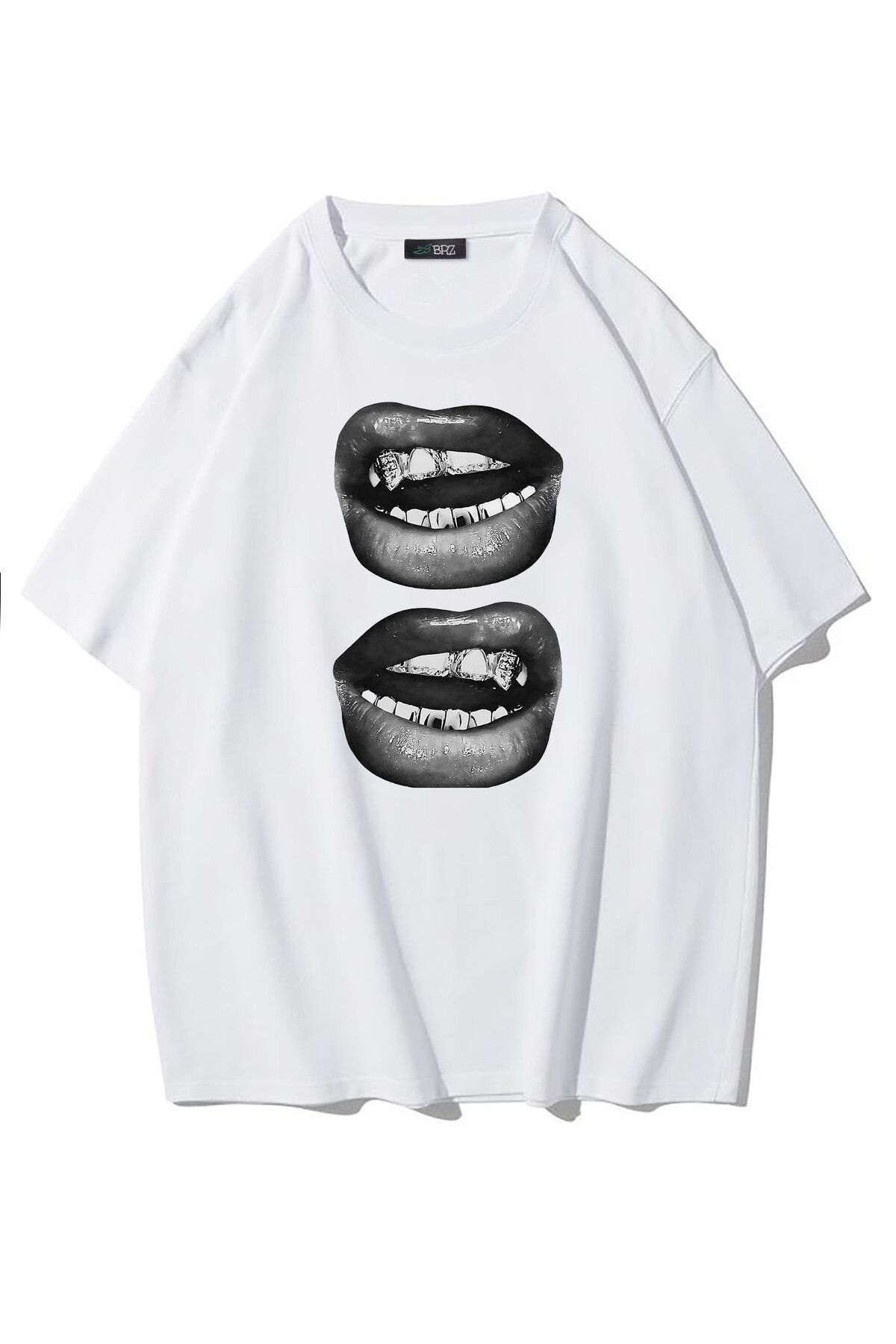 BRZ COLLECTION Unisex Oversize Siyah Beyaz Diş Baskılı T-shirt Beyaz