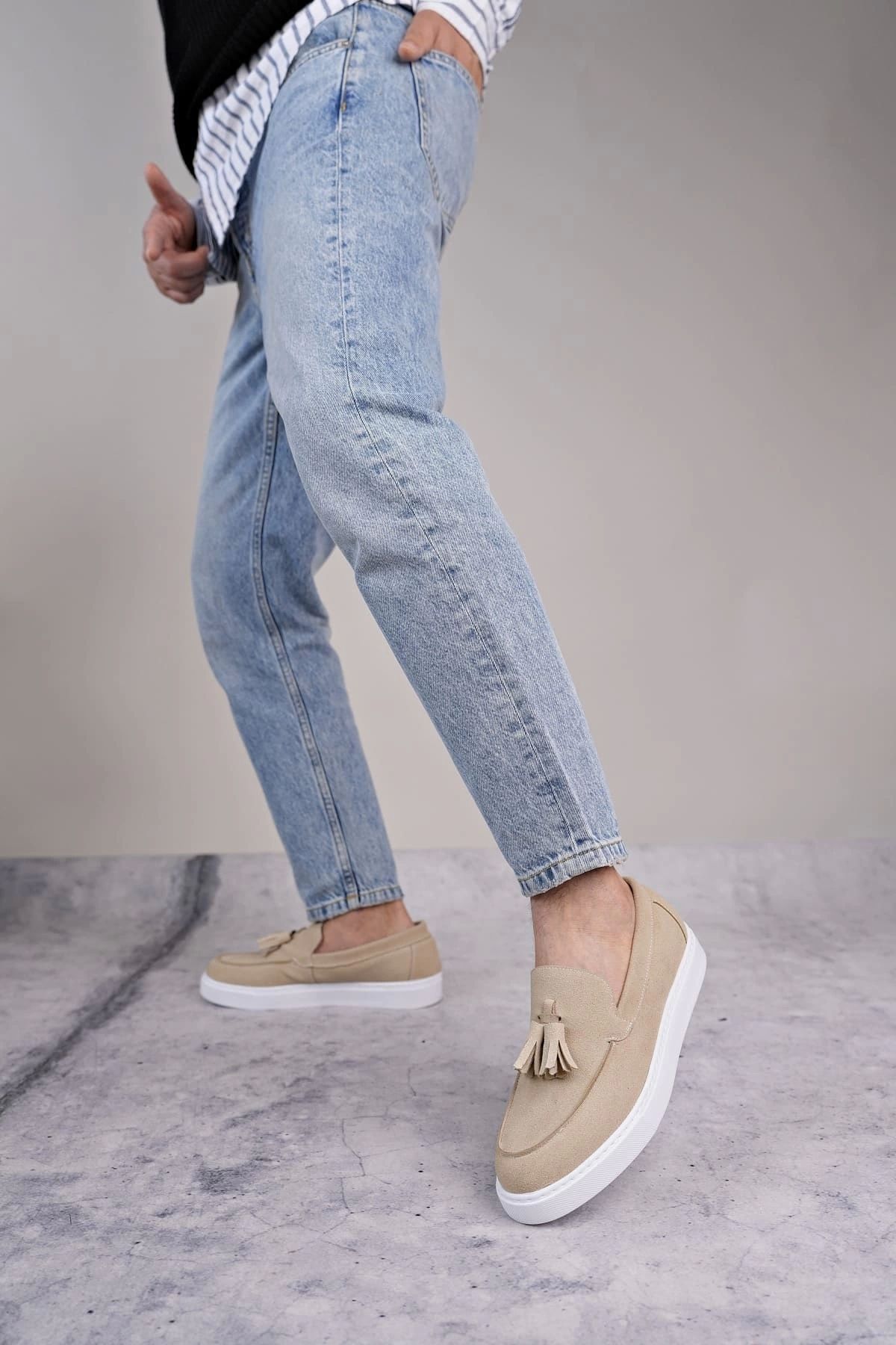 aradimtaradim SLW153 Bloom Bağcıksız Püsküllü Süet Erkek Günlük Spor Klasik Ayakkabı SBT - Krem