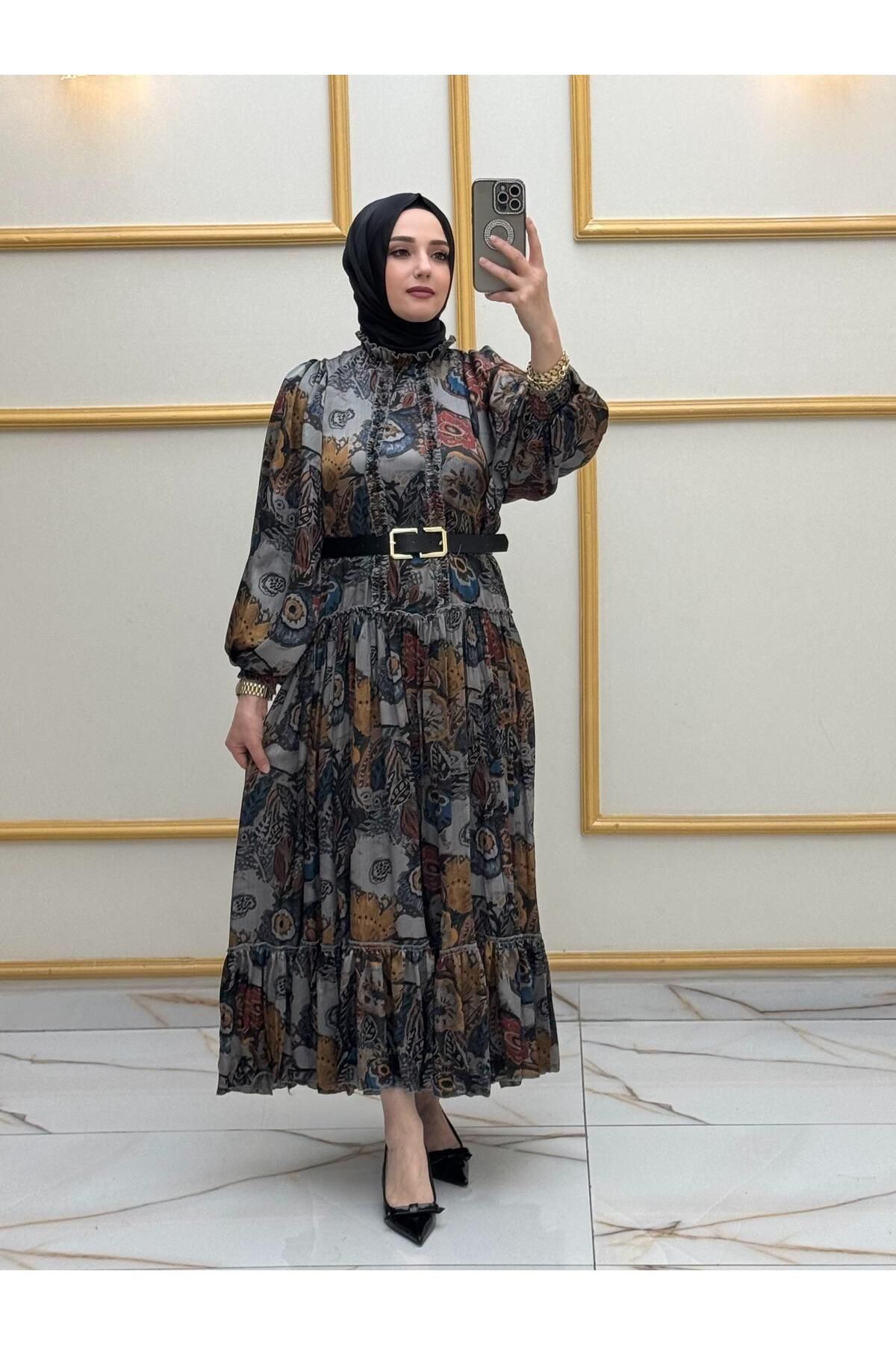 sinanurmoda Kadın Gri Astarlı Şifon Elbise 3348