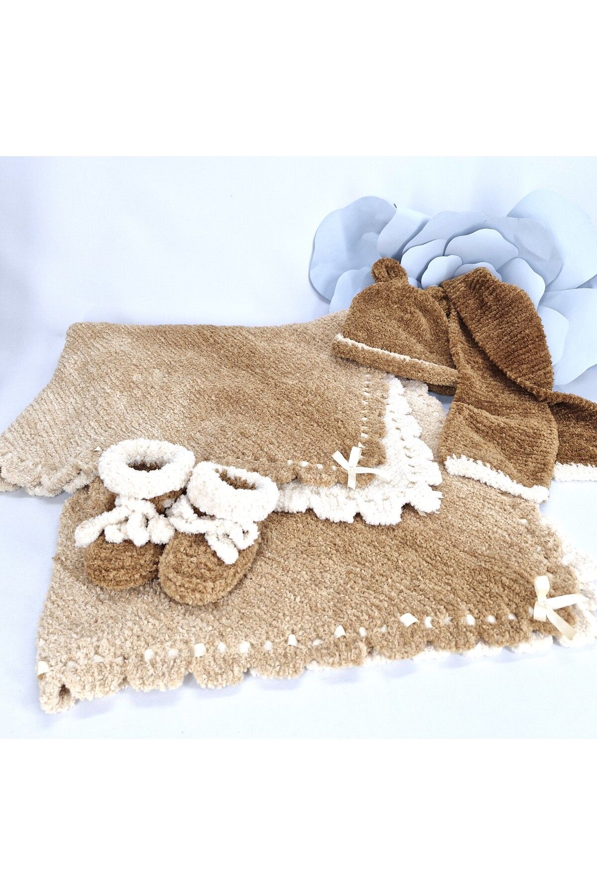 Evitle Soft Peluş Bebek Battaniye&Bere&Patik Üçlü Takım
