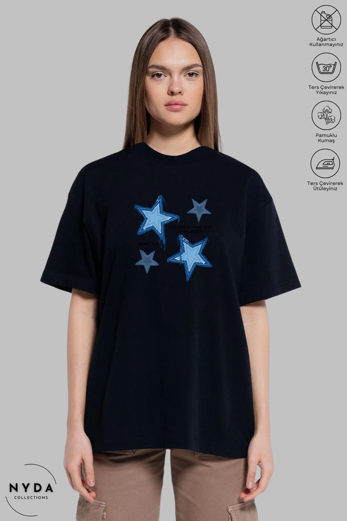 Nyda Collections Unisex Bisiklet Yaka Yıldız Leopar Baskılı Pamuk Oversize Kısa Kollu Tişört