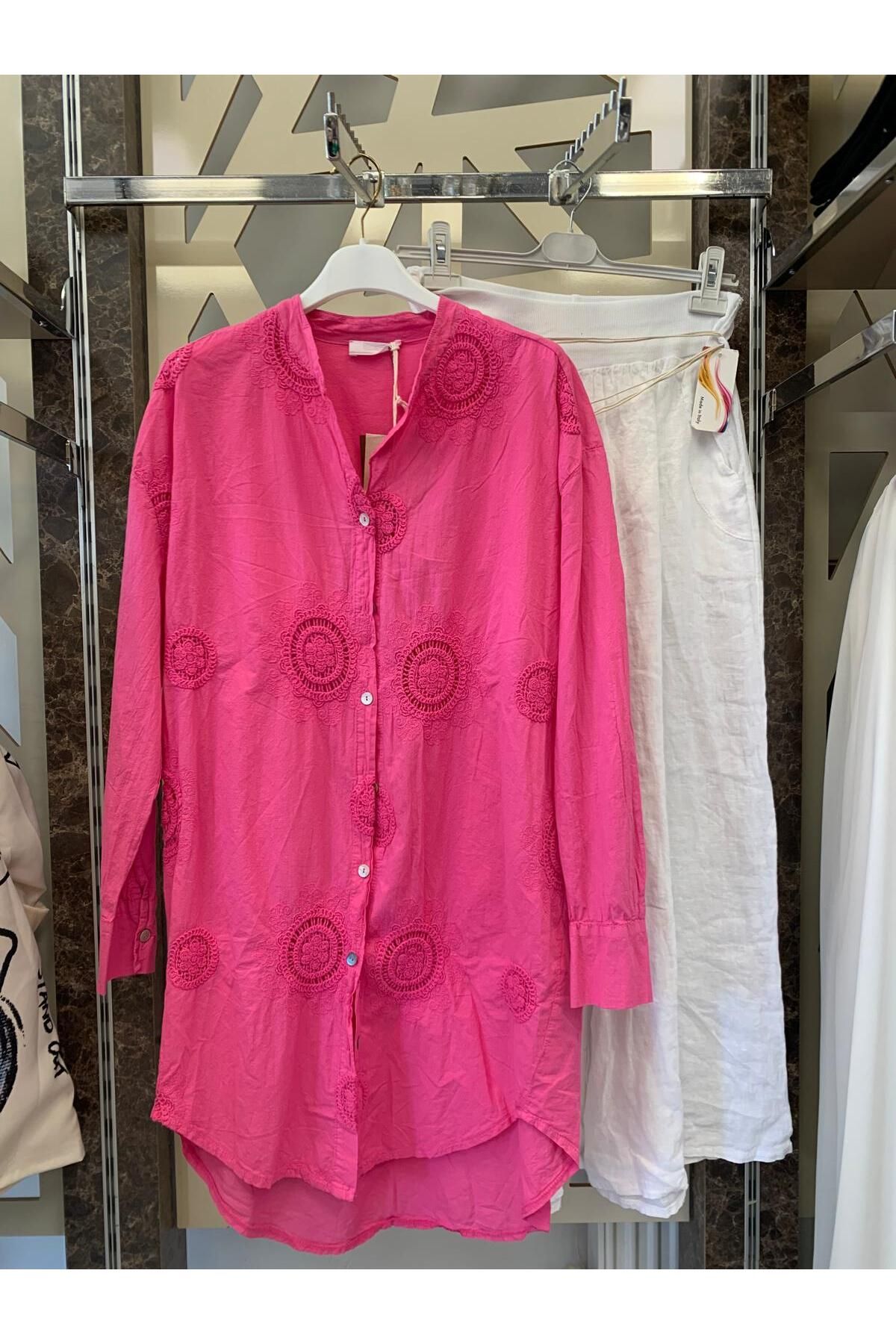 günay boutıque Organik Keten oversize beden gömlek tunik-pembe