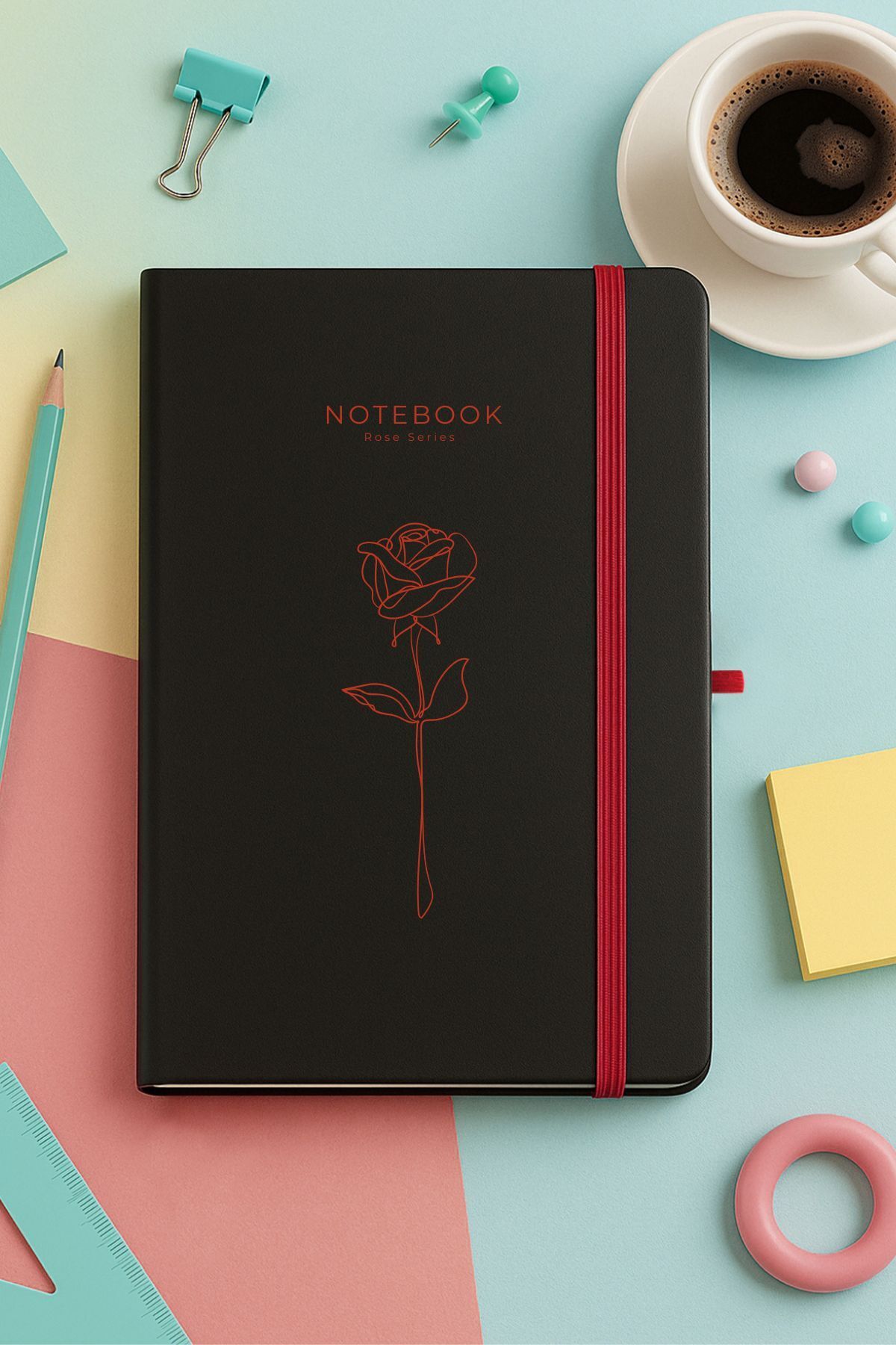 inkglo Kırmızı Gül Desenli Siyah Sert Kapaklı Çizgili Defter Günlük Not Defteri Planner 13x21cm