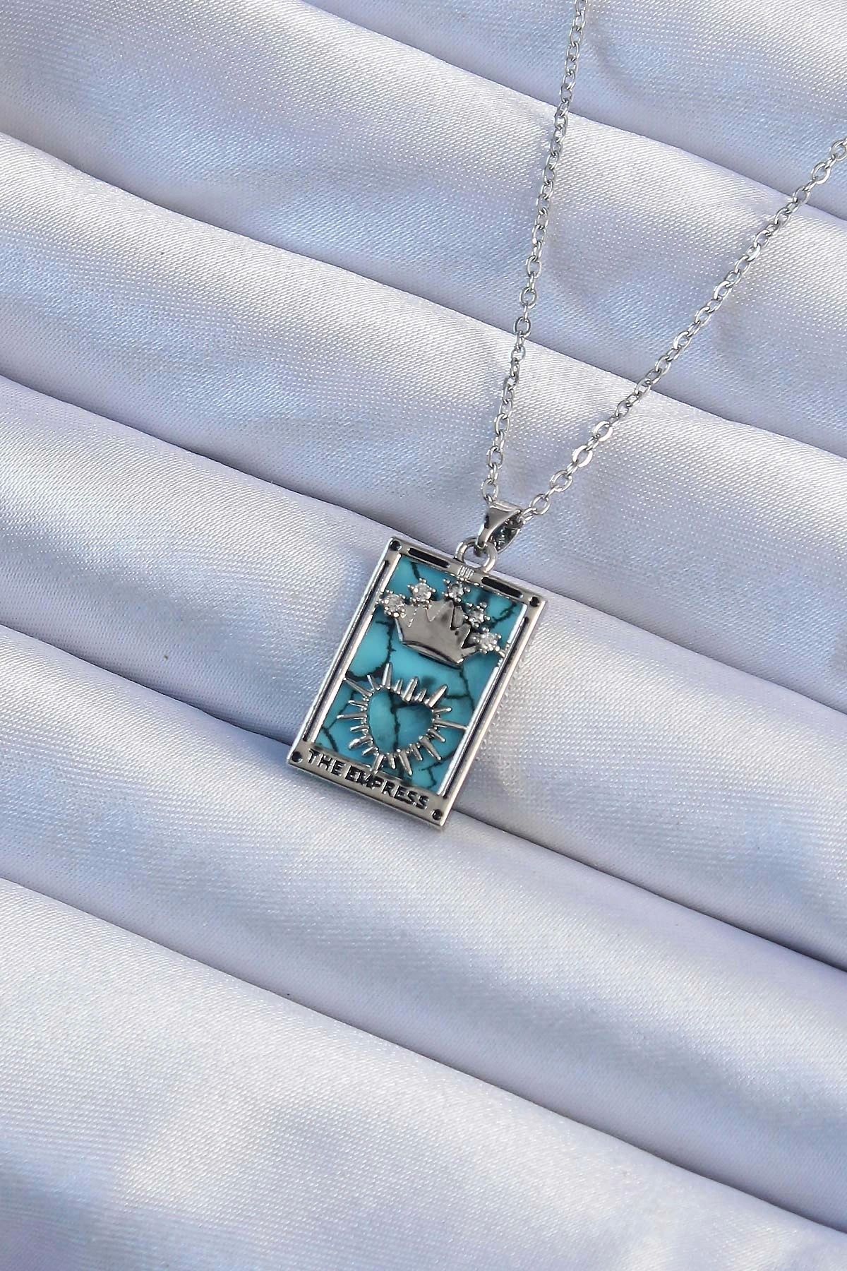 STOREMAX 316L Çelik Zincir Gümüş Renk Zirkon Taşlı Mavi Mermer Desenli Taç Model Tarot Kolye