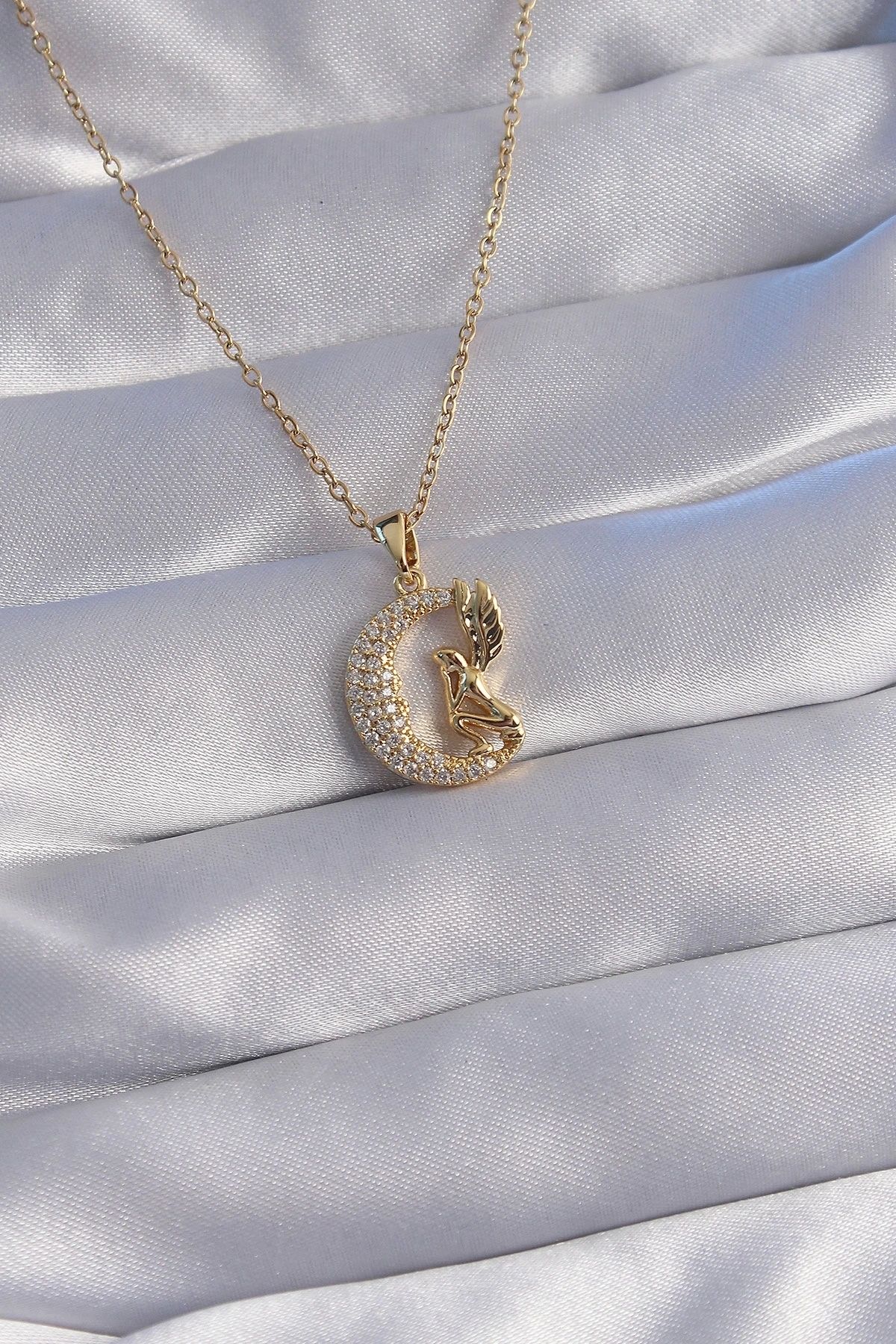 STOREMAX 316L Çelik Zincir Gold Renk Kuş Figürlü Zirkon Taşlı Ay Tasarımlı Kolye