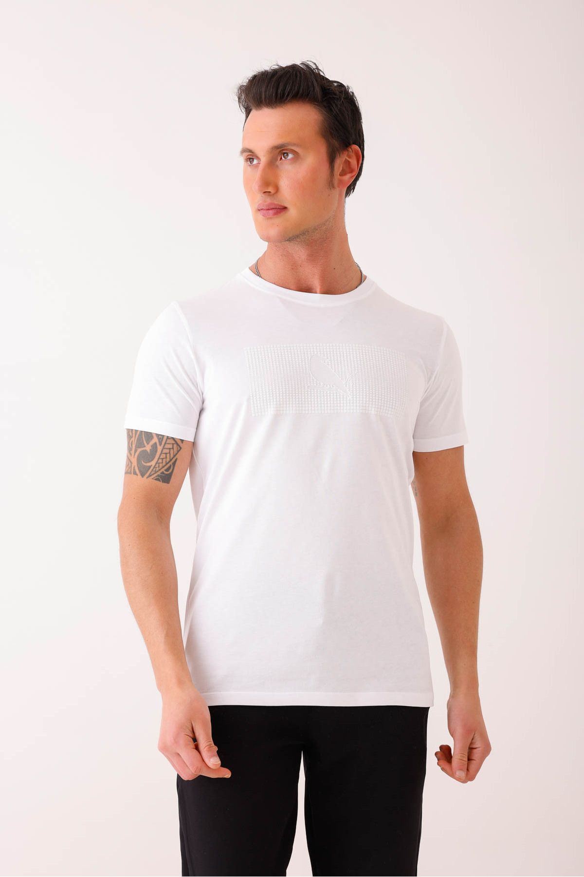 Decas SOLEMNIS Slim Fit Baskılı Basic Tişört - Beyaz