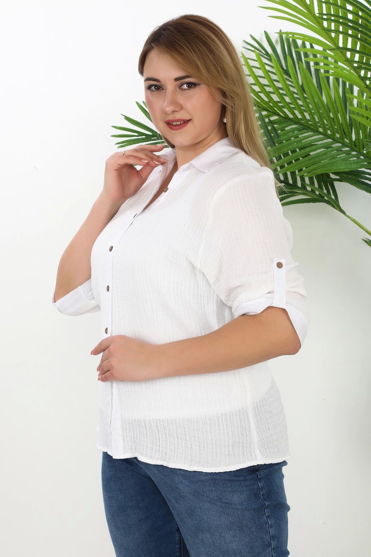 Lady Majestic %100 Cotton Büyük Beden Kadın Müslin Kumaş Gömlek