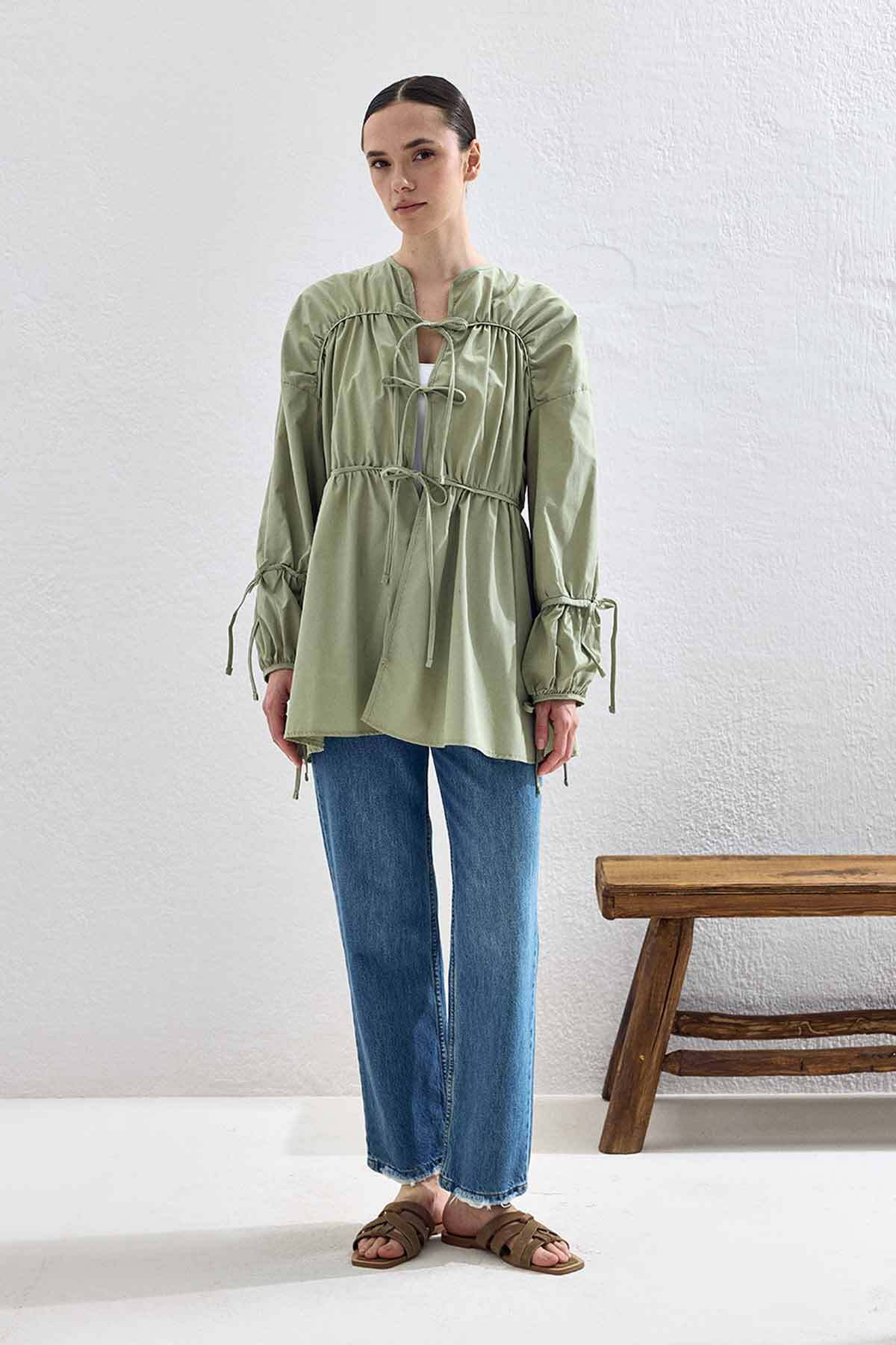 Hooopstore-Gathered Tie-Up Shirt 3
