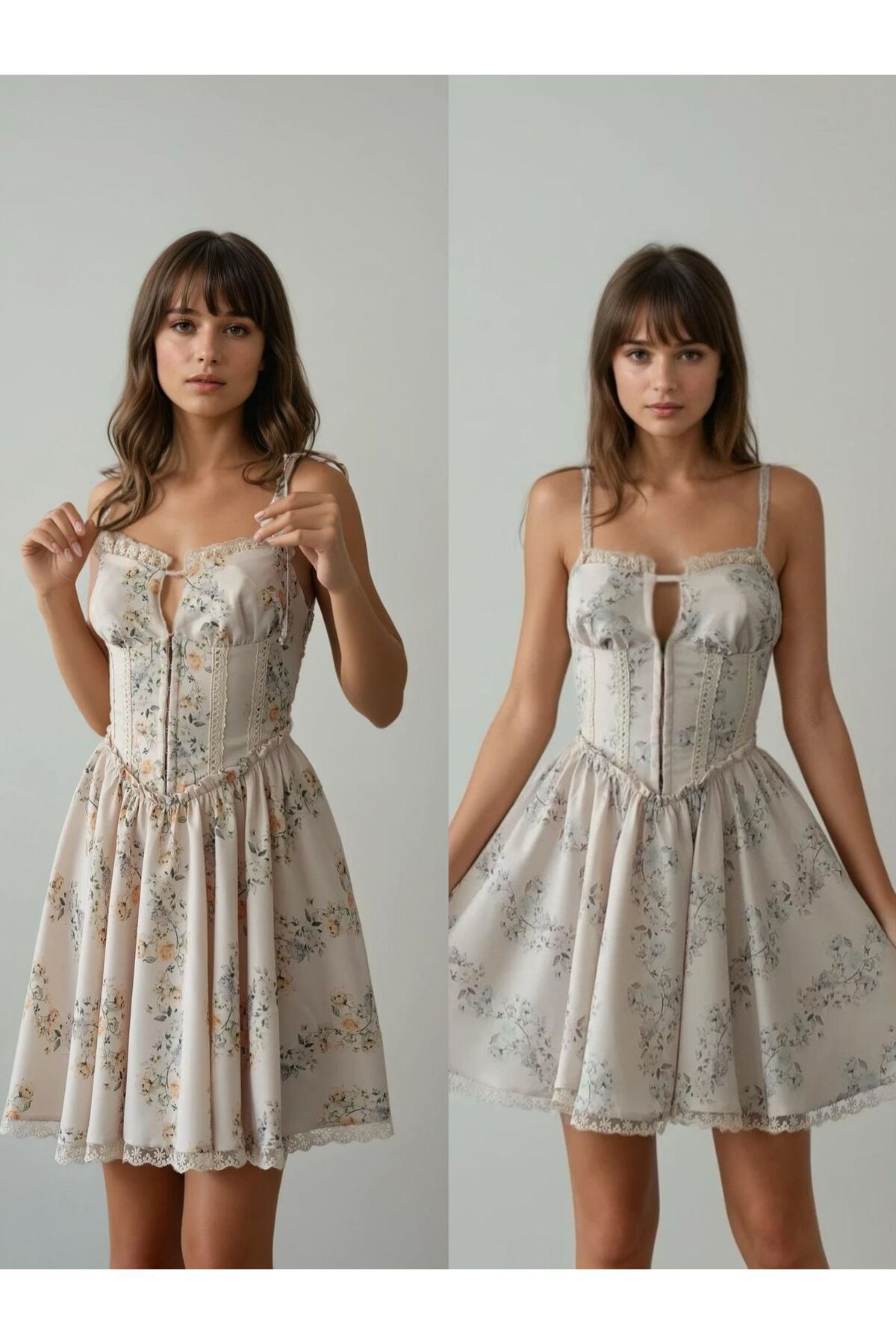 gülcanla moda Çiçek Desenli Bel Korseli Mini Elbise