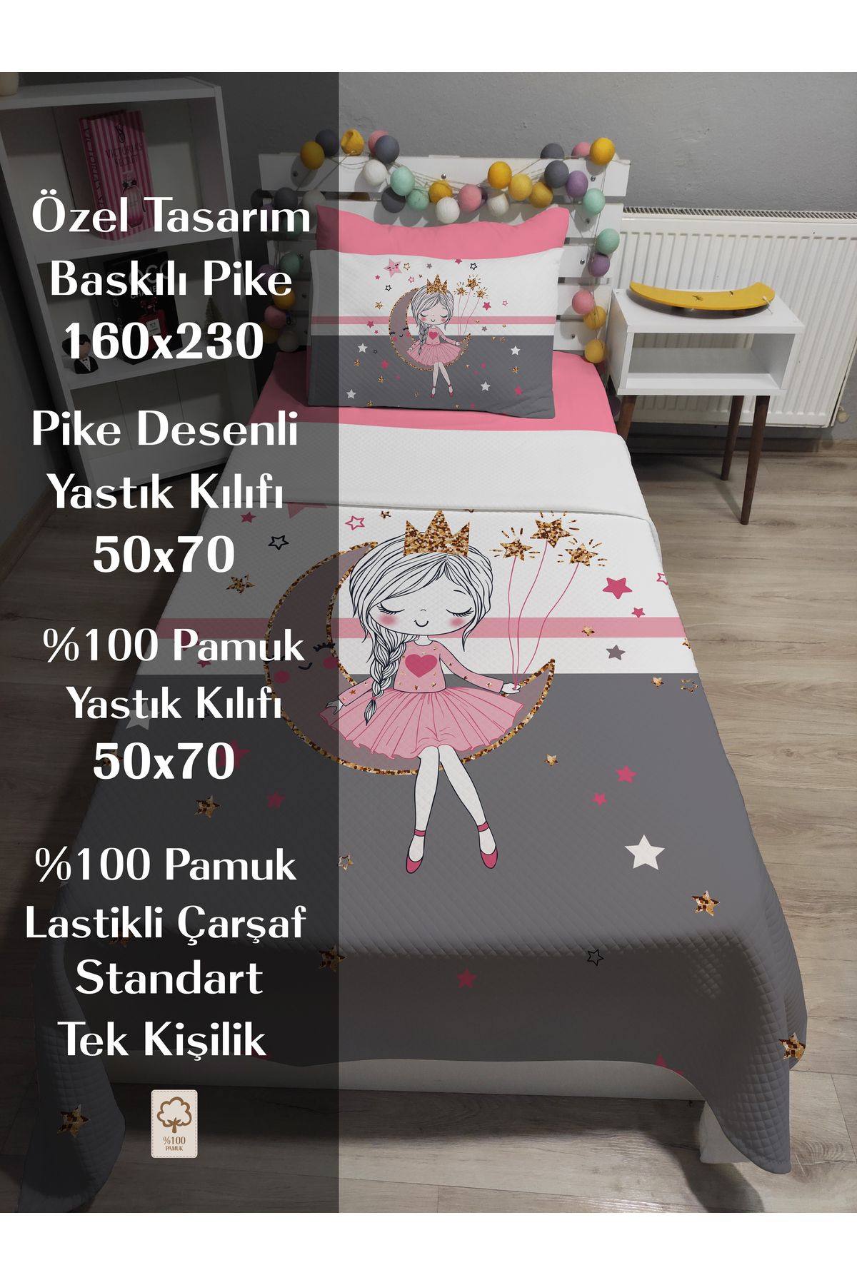 yok yok evim eve dair her şey-4 Piece Girl Sitting on the Moon Patterned Single Pi̇ke Bedspread Set with Elastic Sheets 3