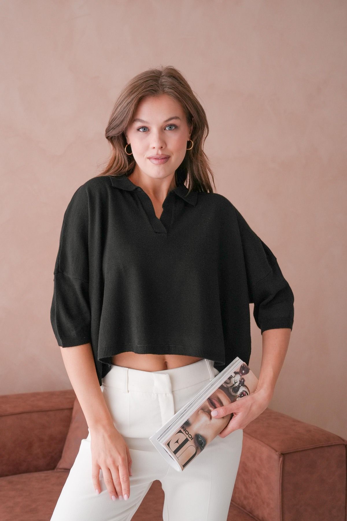 WOMAN VISION Triko Kumaş Polo Yaka Oversize Kalıp Crop Siyah Kadın Bluz 002