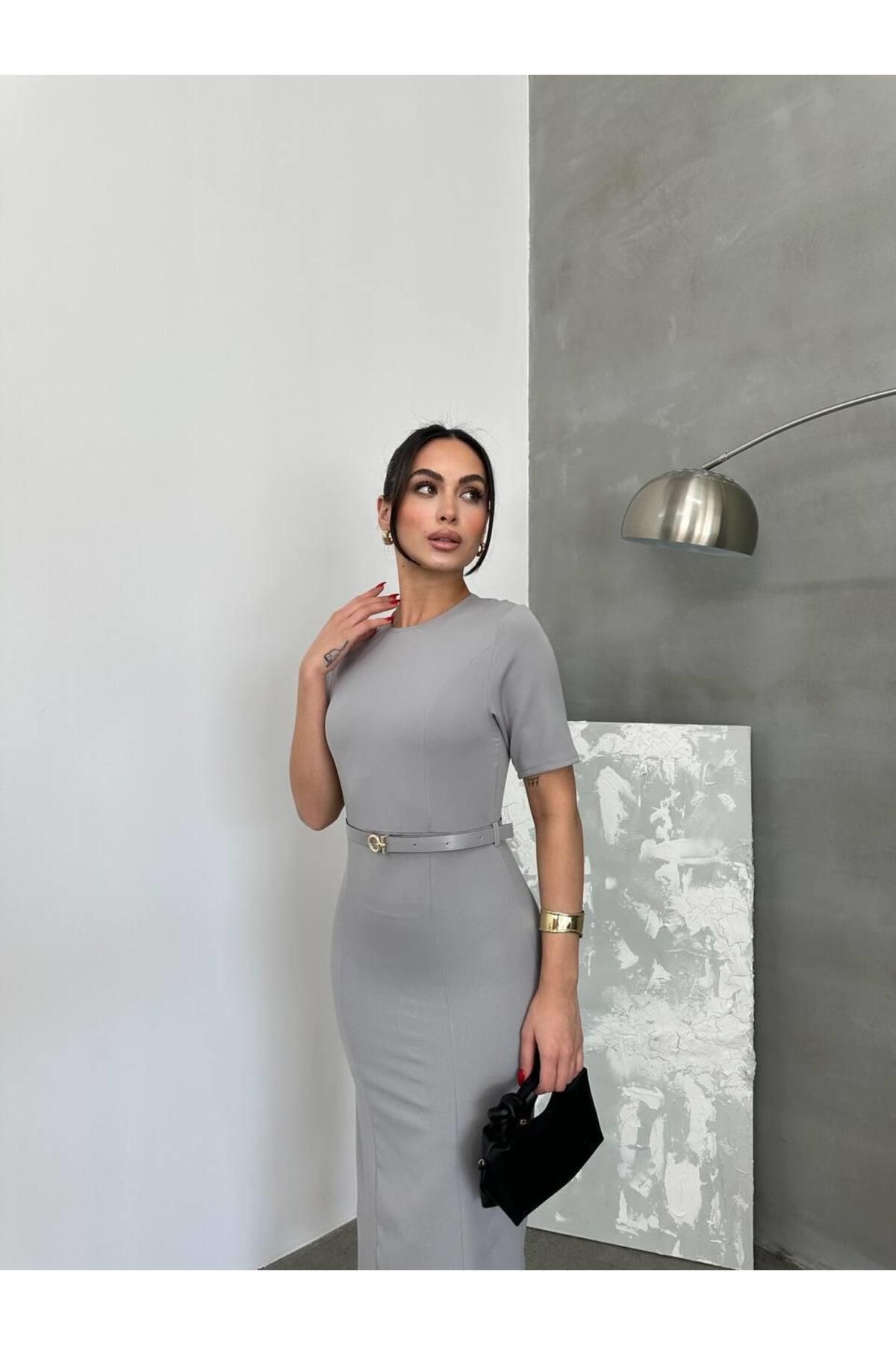 Glysso Kemerli Gri Midi Elbise