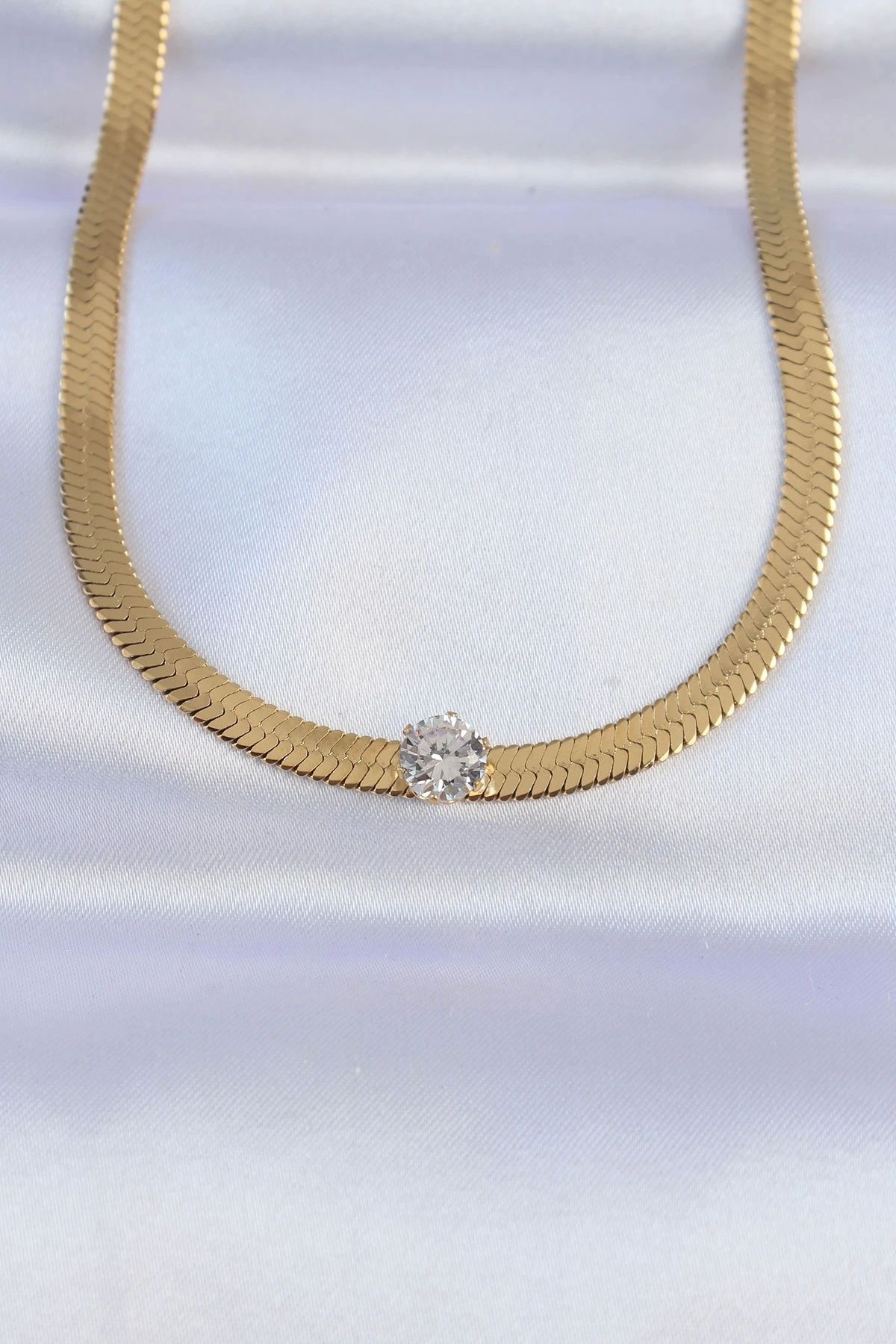 STOREMAX 316L Çelik Gold Renk Tek Zirkon Taşlı İtalyan Zincir Kolye