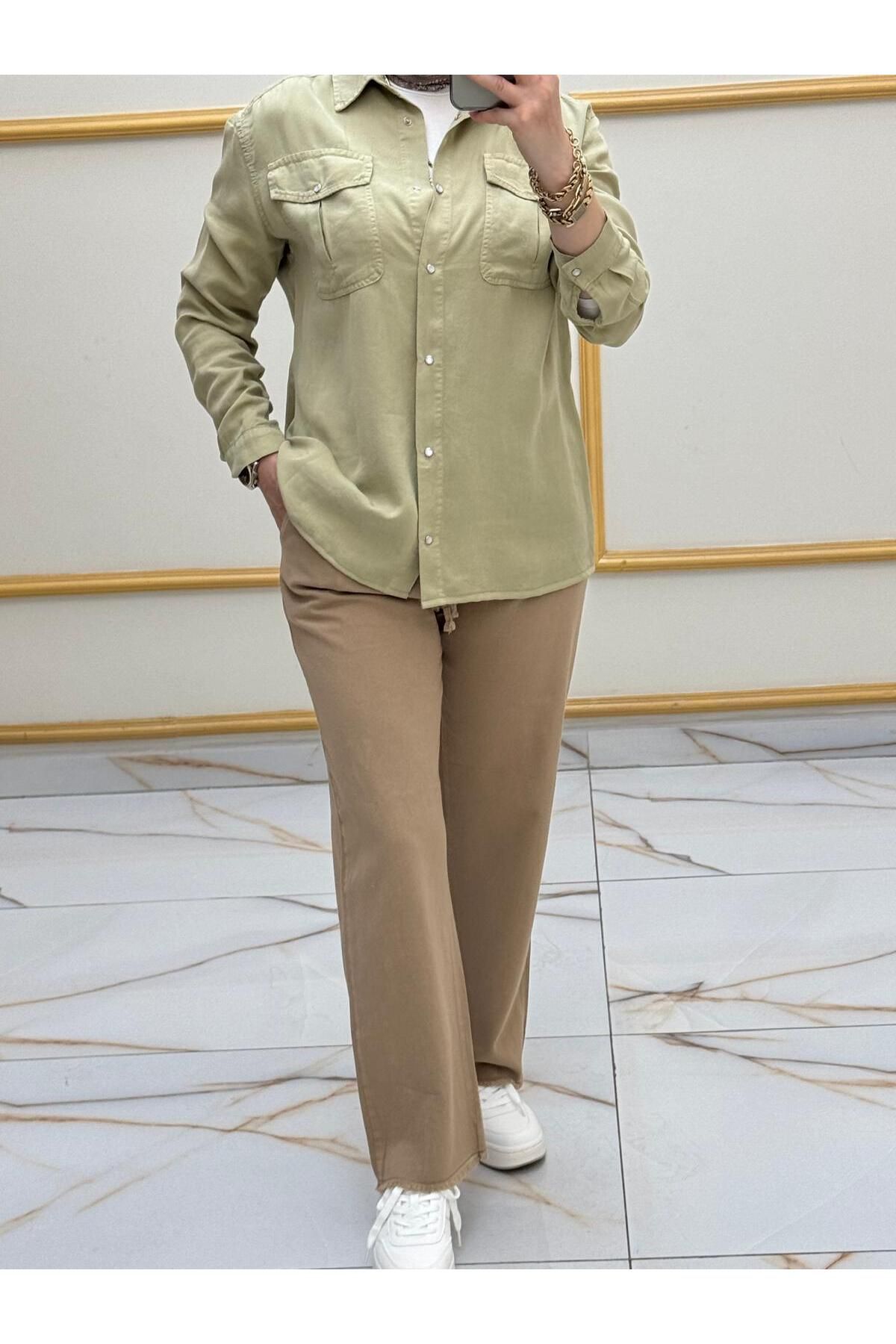 sinanurmoda Kadın Krem Keten Pantolon 3346