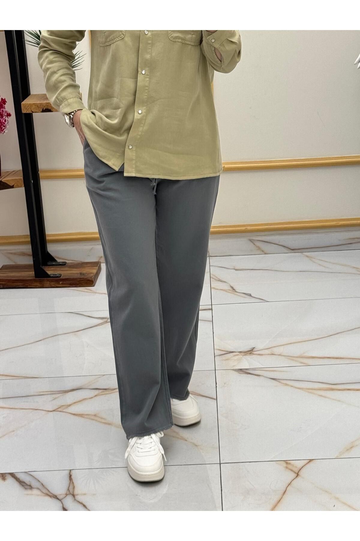 sinanurmoda Kadın Gri Keten Pantolon 3346