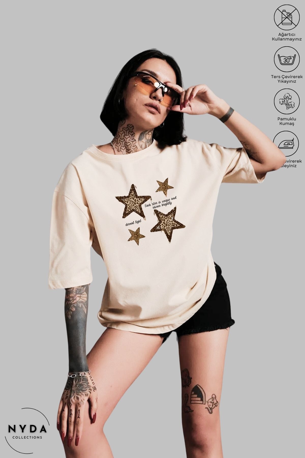 Nyda Collections Unisex Bisiklet Yaka Yıldız Leopar Baskılı Pamuk Oversize Kısa Kollu Tişört