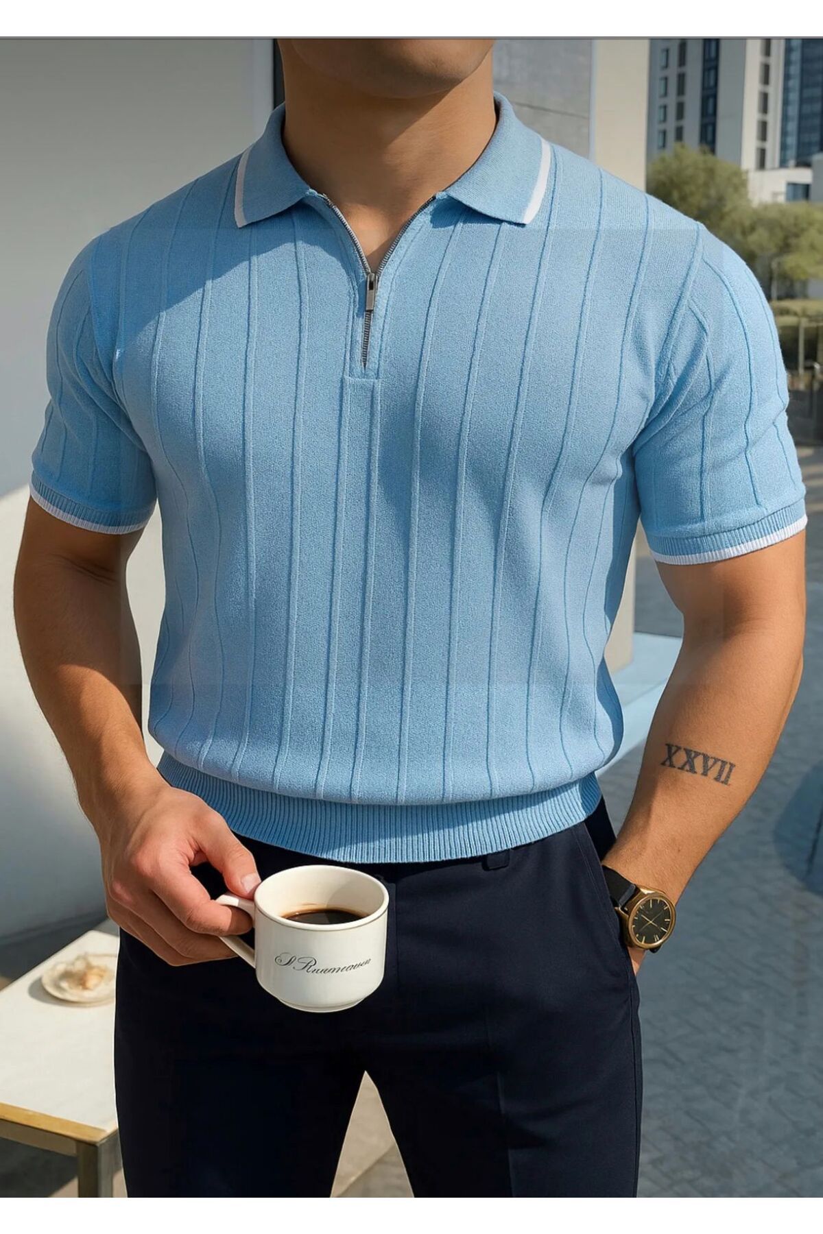 Butik Erkek Fermuarlı Polo Yaka Örme Triko T-shirt