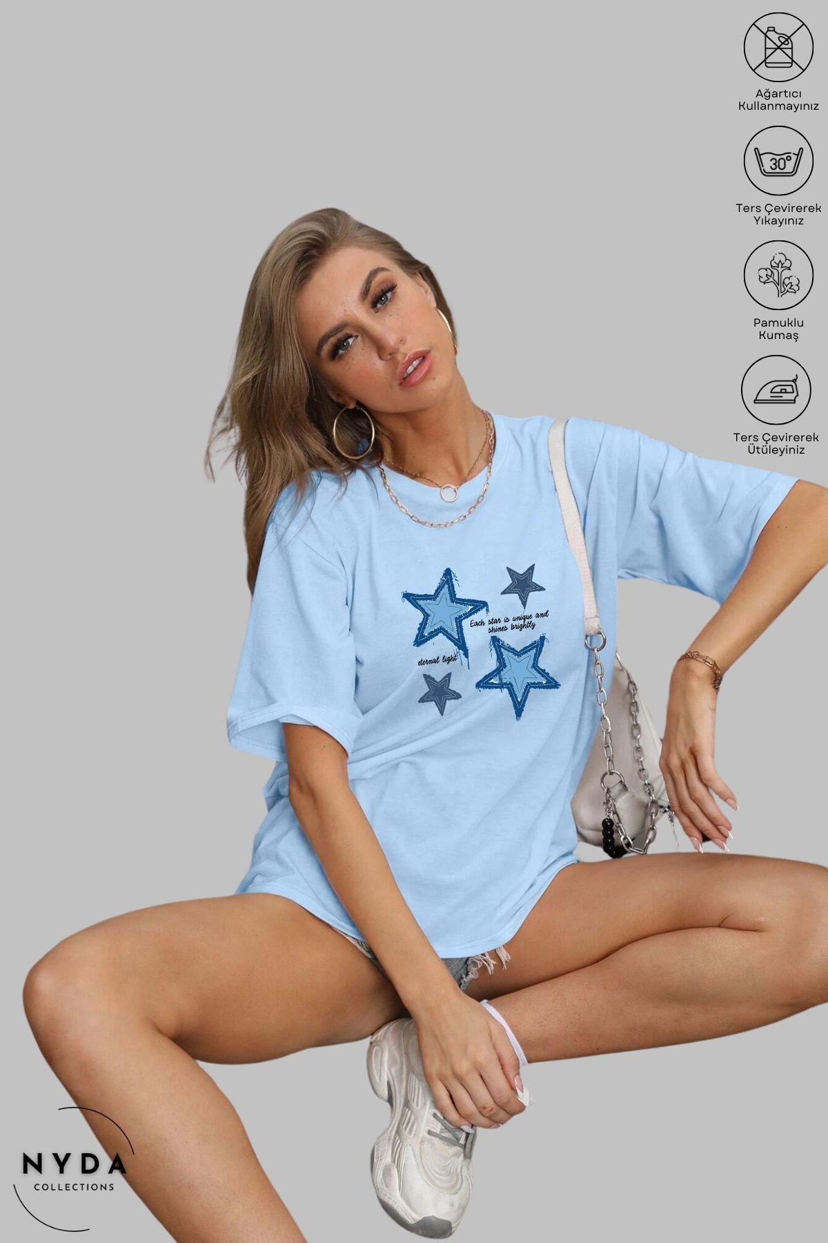 Nyda Collections Unisex Bisiklet Yaka Yıldız Leopar Baskılı Pamuk Oversize Kısa Kollu Tişört
