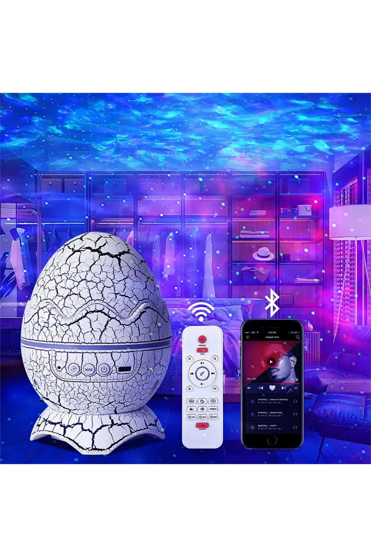Mmctech Dinazor Yumurtası Şekilli Kumandalı Galaxy yıldızlı Gökyüzü Kablosuz Bluetooth Speaker Gece Lambası