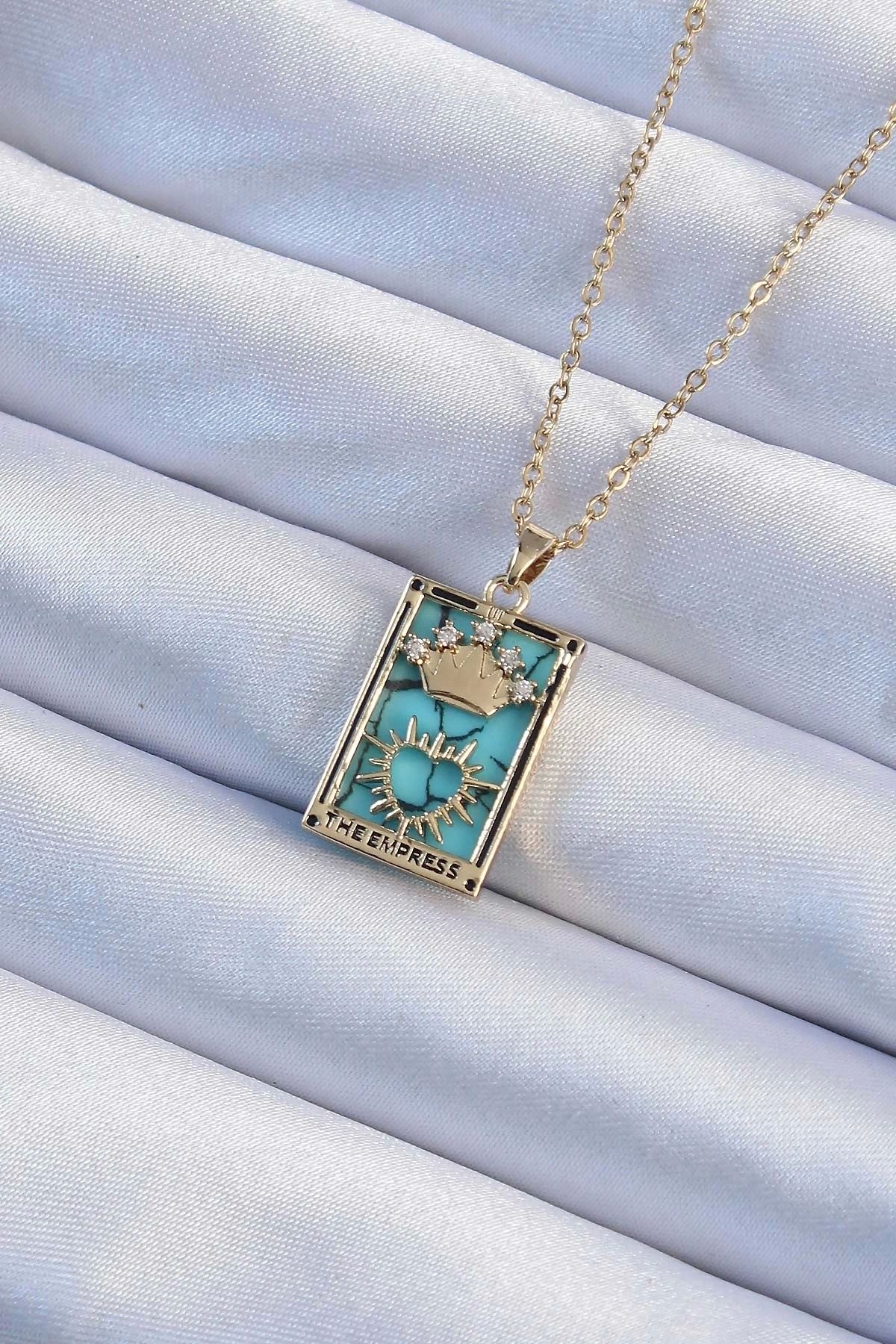 STOREMAX 316L Çelik Zincir Altın Renk Zirkon Taşlı Mavi Mermer Desenli Taç Model Tarot Kolye