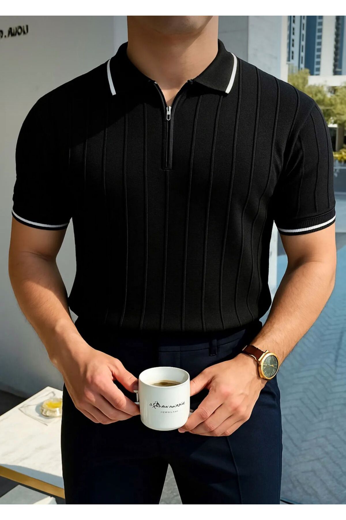 Butik Erkek Fermuarlı Polo Yaka Örme Triko T-shirt