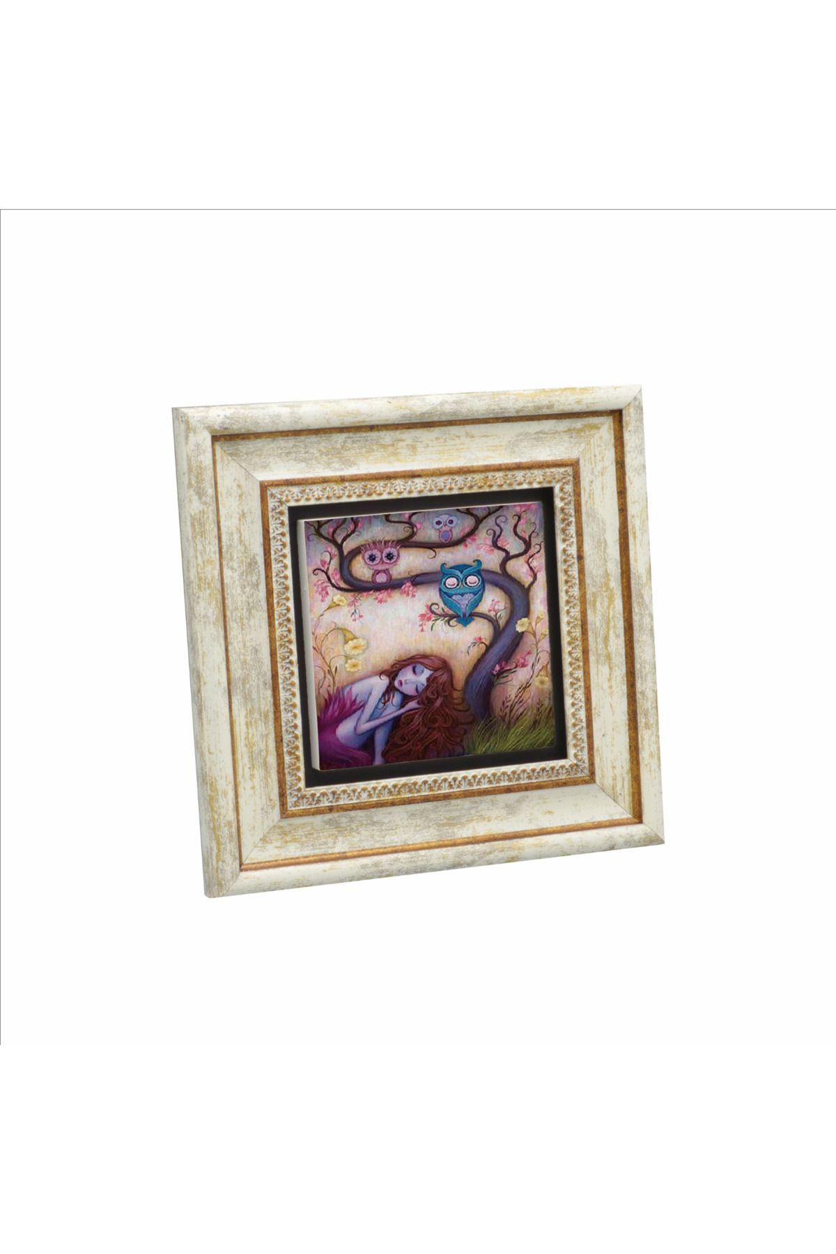 Sadrazam Baykuşlar ve kız Baskılı Doğaltaş Tablo (20 X 20 KRG-165)