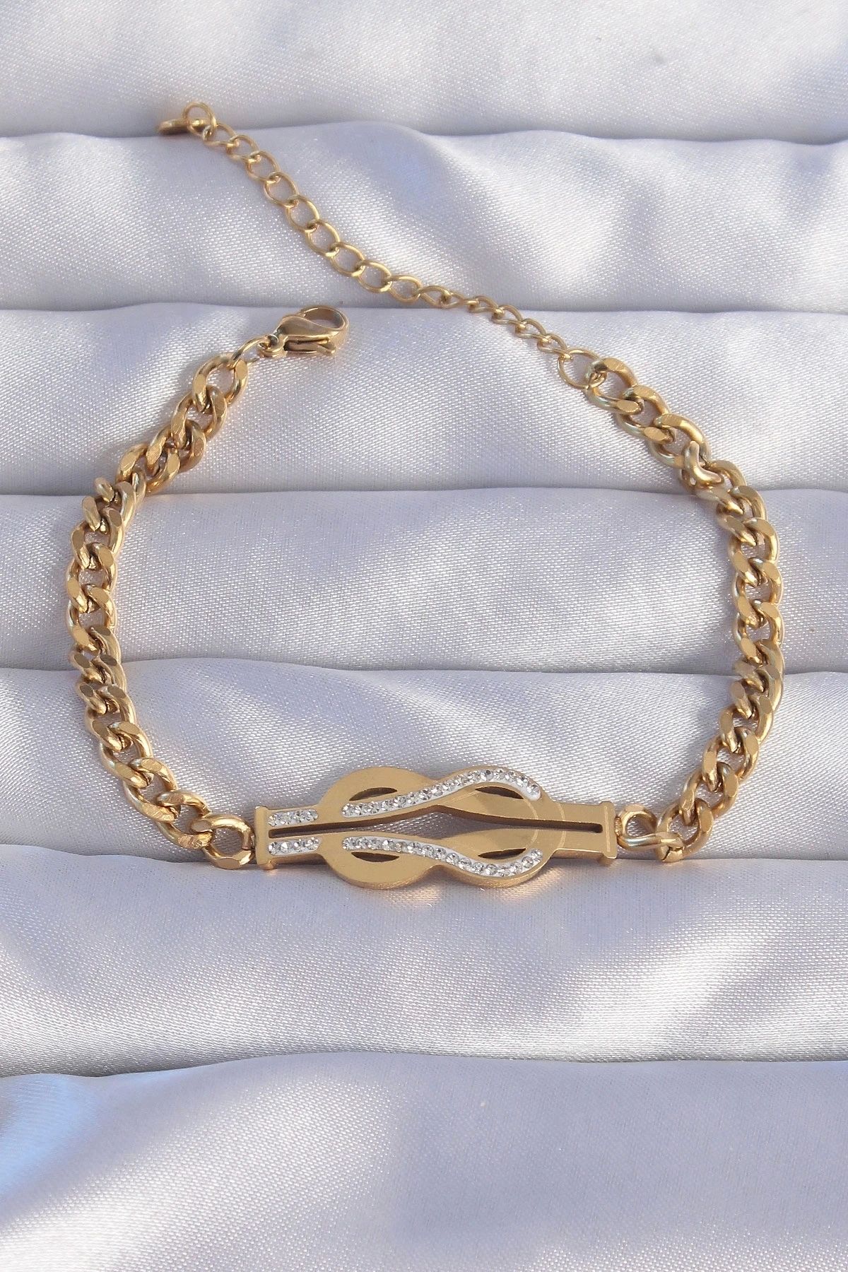 STOREMAX 316L Çelik Gold Renk Zirkon Taşlı Kemer Tokası Model Zincir Bileklik