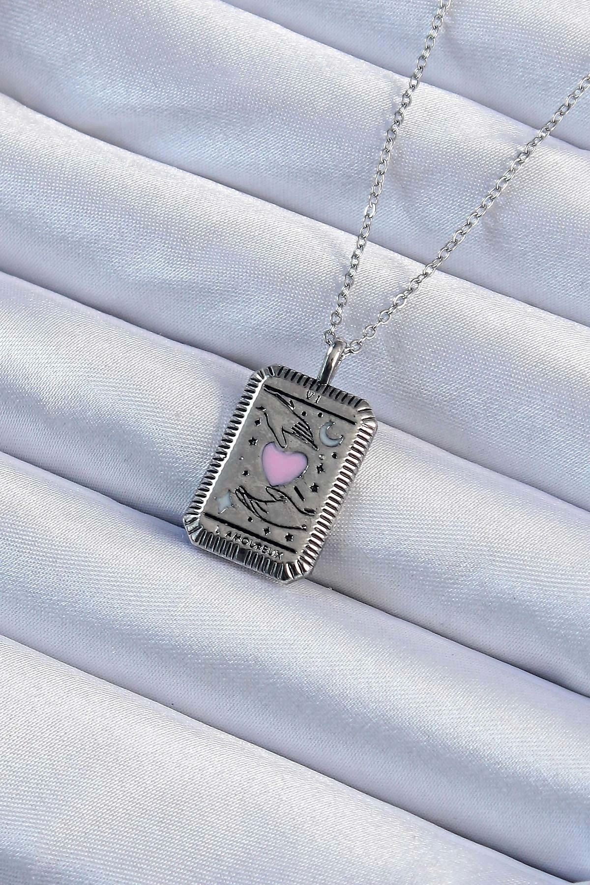 STOREMAX 316L Çelik Zincir Eskitme Gümüş Renk Pembe Mineli Kalp Figürlü Tarot Kolye