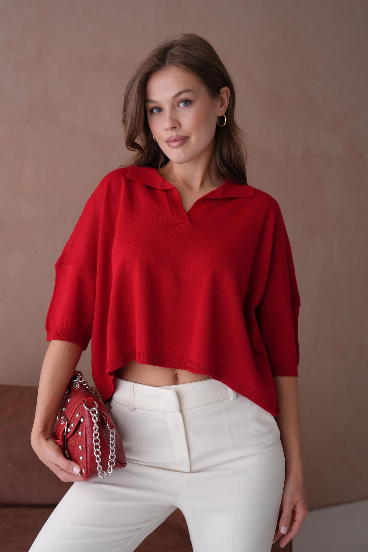 WOMAN VISION Triko Kumaş Polo Yaka Oversize Kalıp Crop Kırmızı Kadın Bluz 002