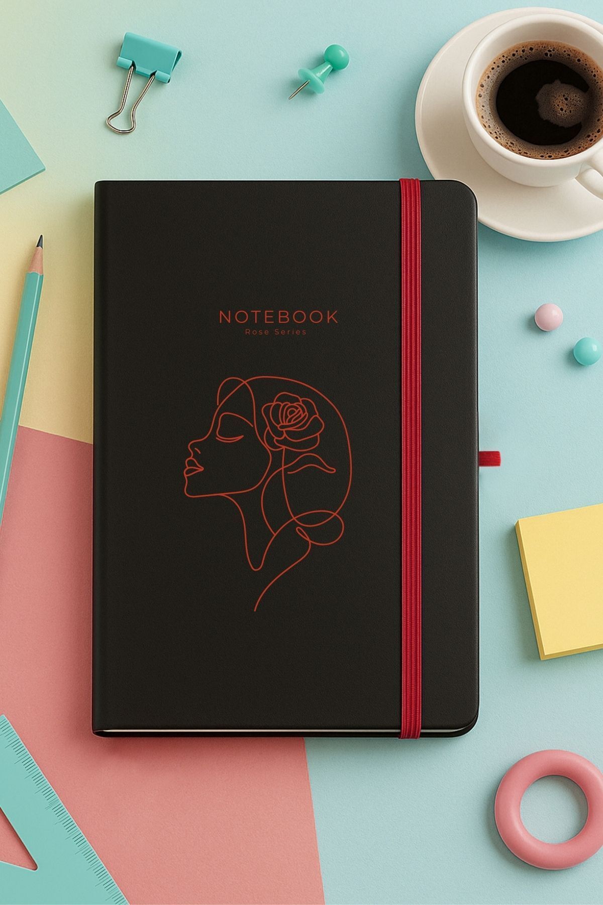 inkglo Kırmızı Gül Desenli Siyah Sert Kapaklı Çizgili Defter Günlük Not Defteri Planner 13x21cm