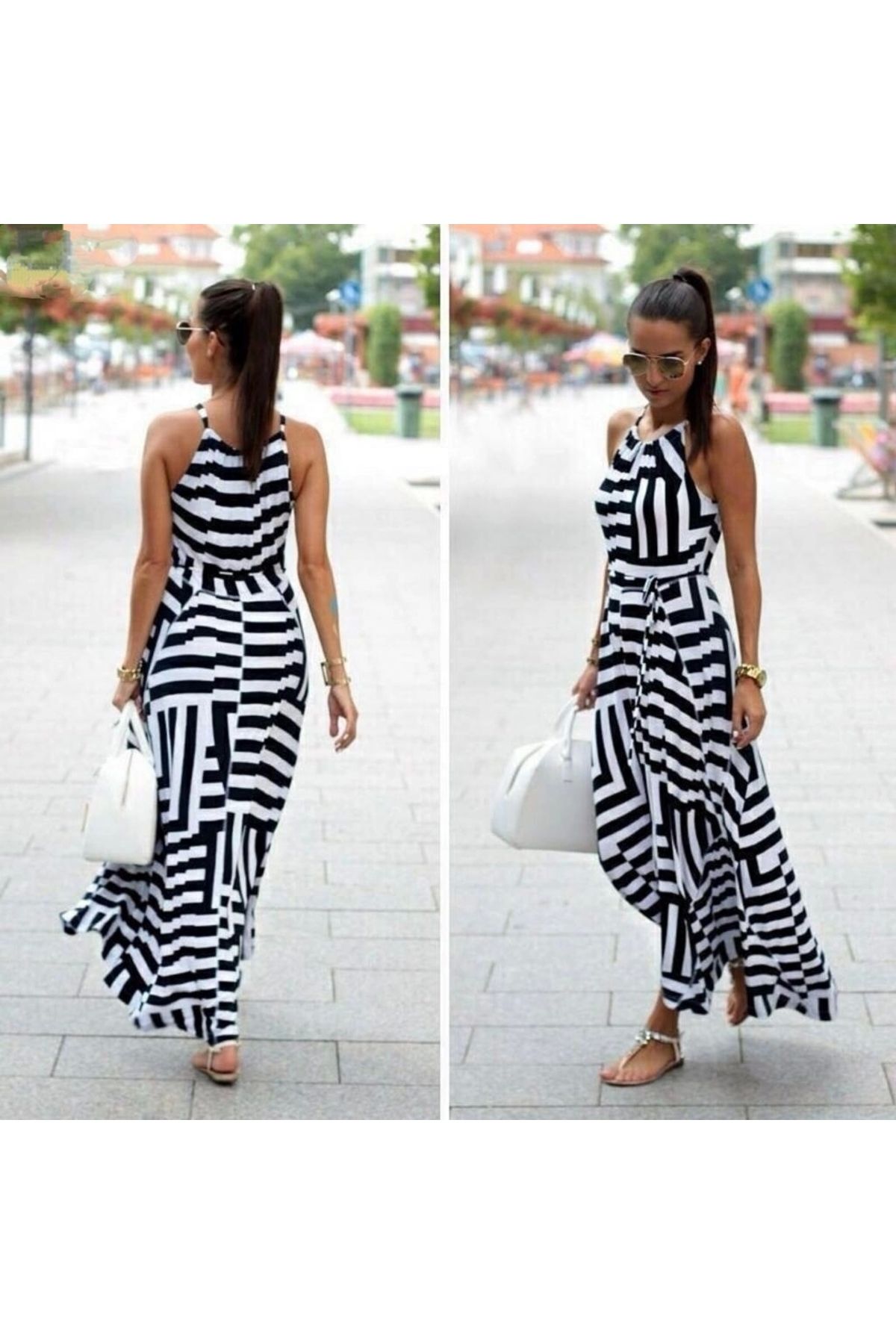 Butik Kadın Askılı Belden Bağlamalı Geometrik Desen Krep Elbise