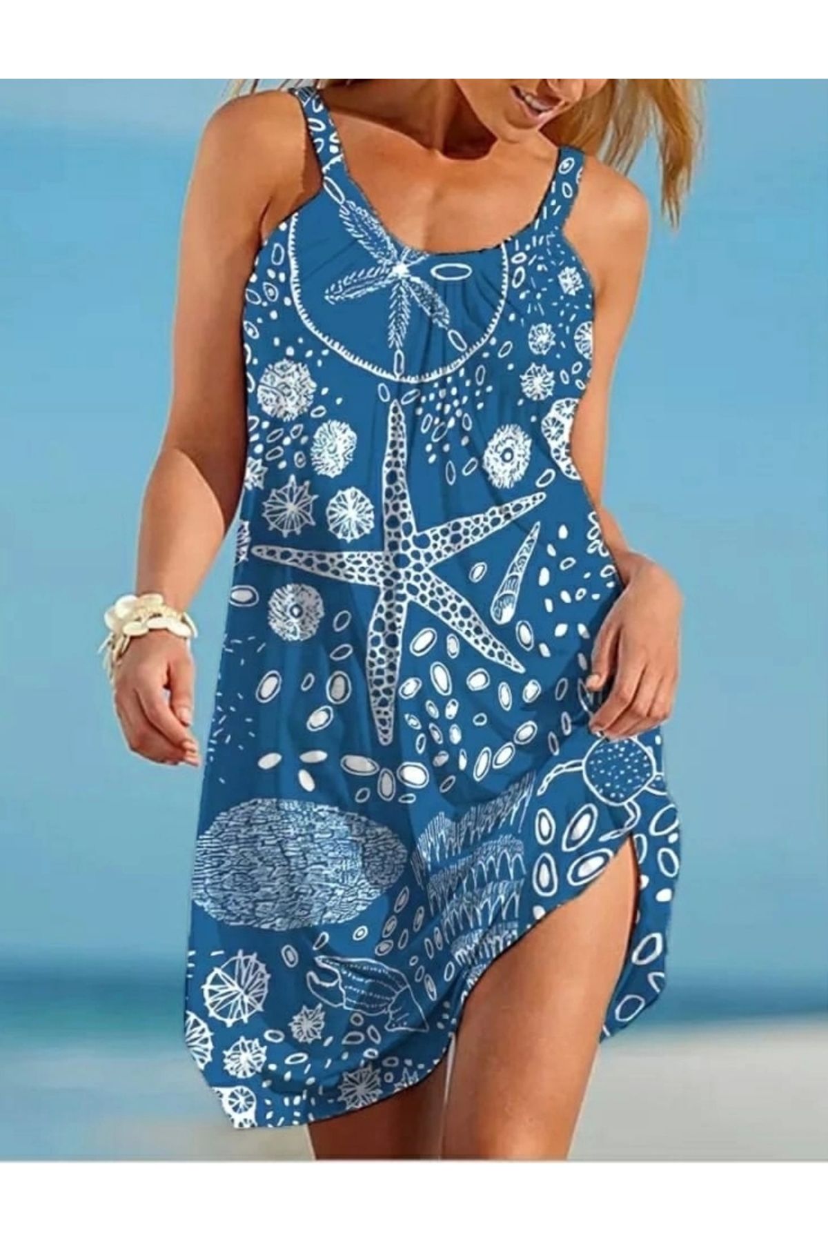 Butik Kadın Askılı Deniz Yıldızı Desenli Süprem Elbise