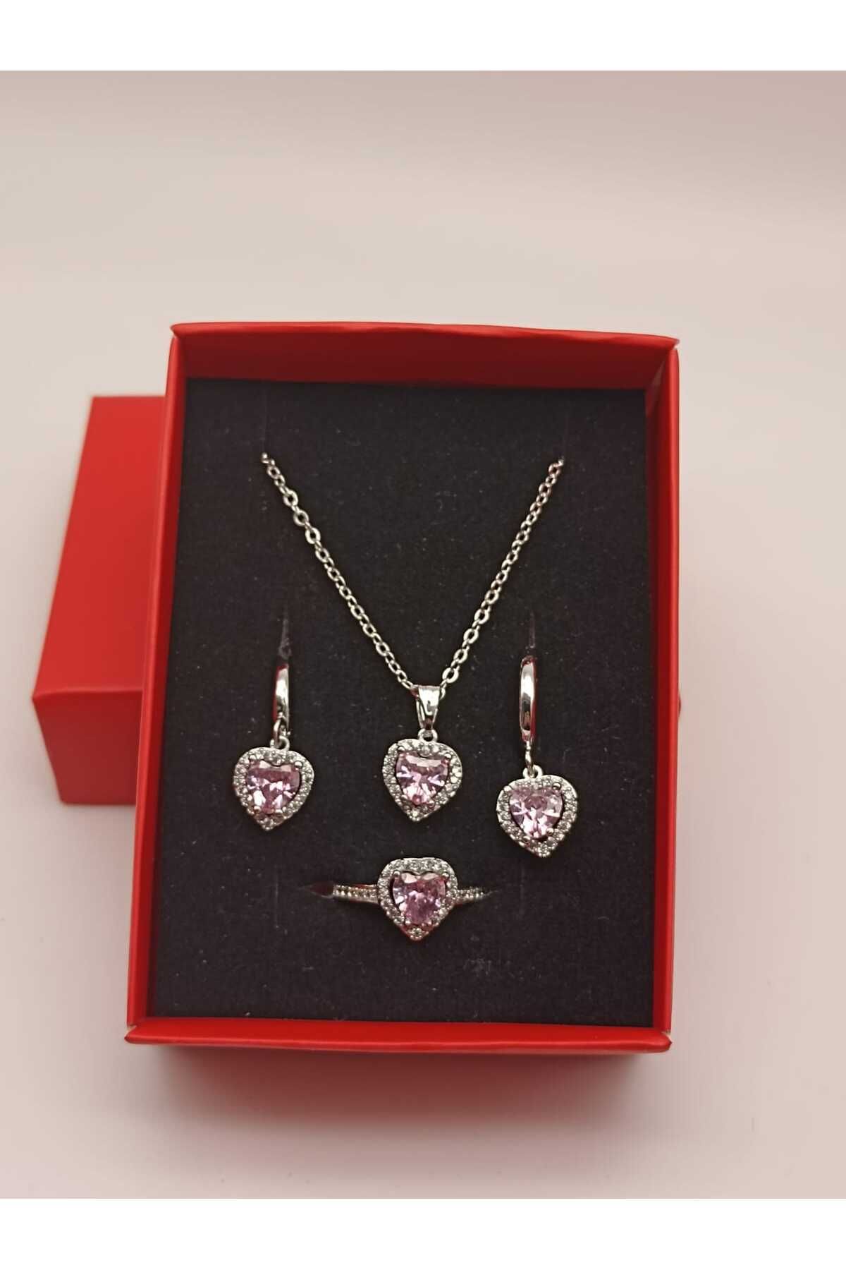 TLSMACCESORIES KOLYE KÜPE YÜZÜK SET SILVER PEMBE