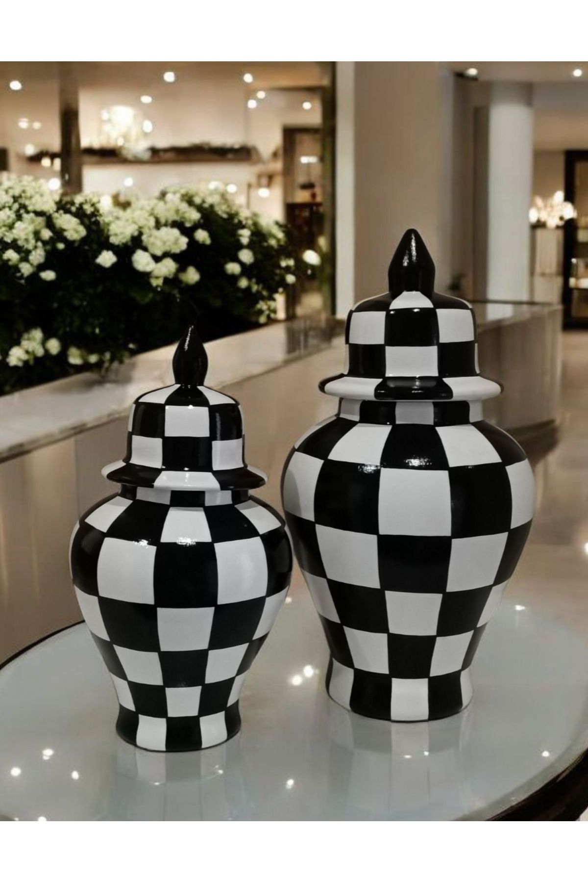 VERA HOME DECOR Lesay, Seramik El boyaması, Dama desenli Dekoratif Şah küp, Vazo