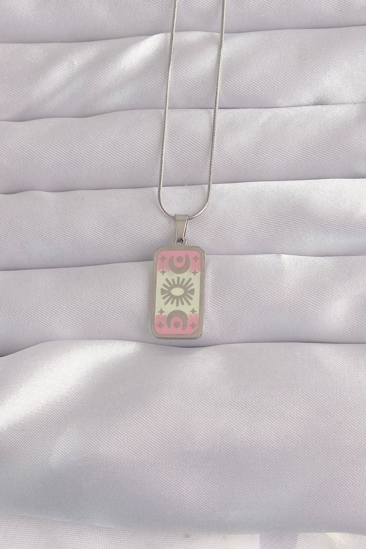 STOREMAX 316L Çelik Gümüş Renk Pembe Mineli Ay Figür Tarot Kolye