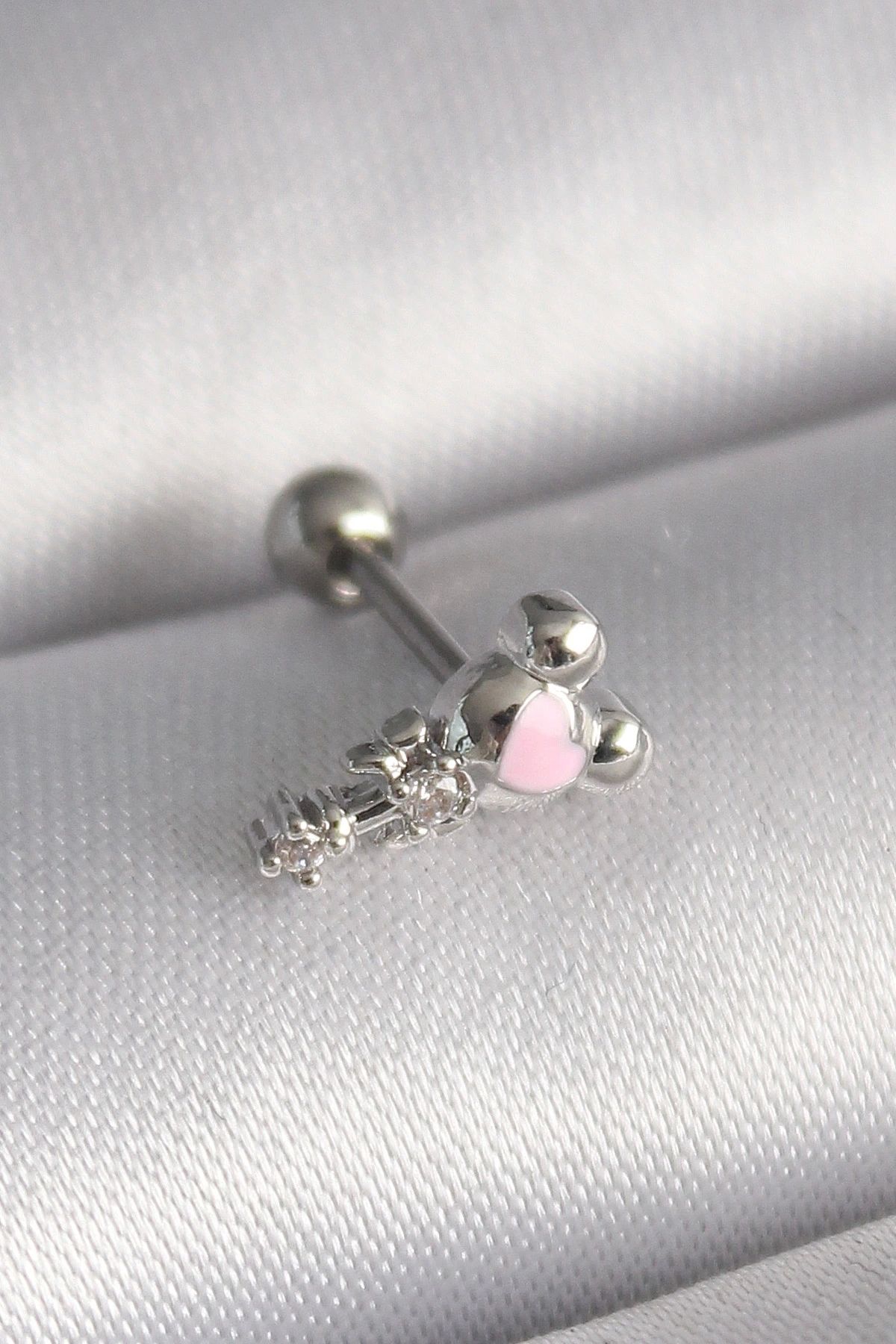STOREMAX 316L Çelik Gümüş Renk Zirkon Taş Detay Pembe Kalp İşleme Tragus Piercing