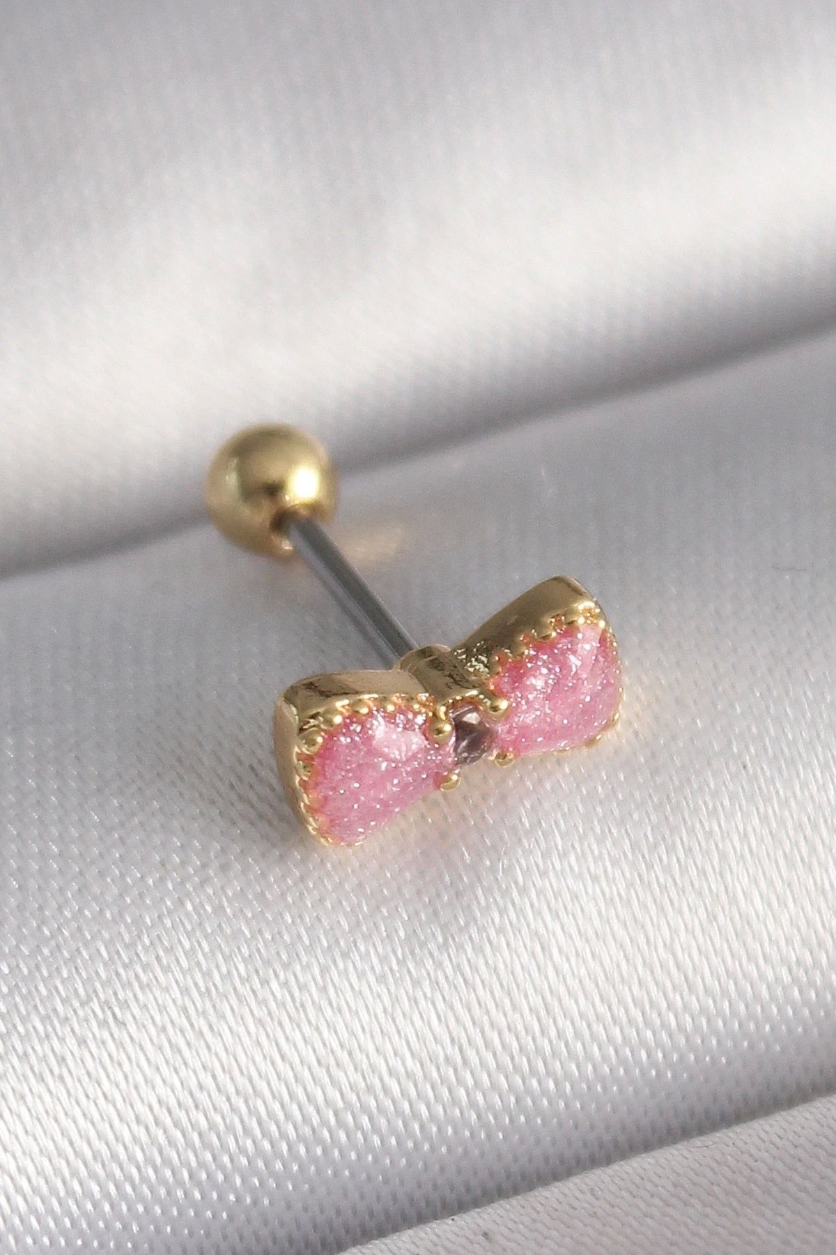STOREMAX 316L Çelik Gold Renk Pembe Fiyonk Model Tragus Piercing