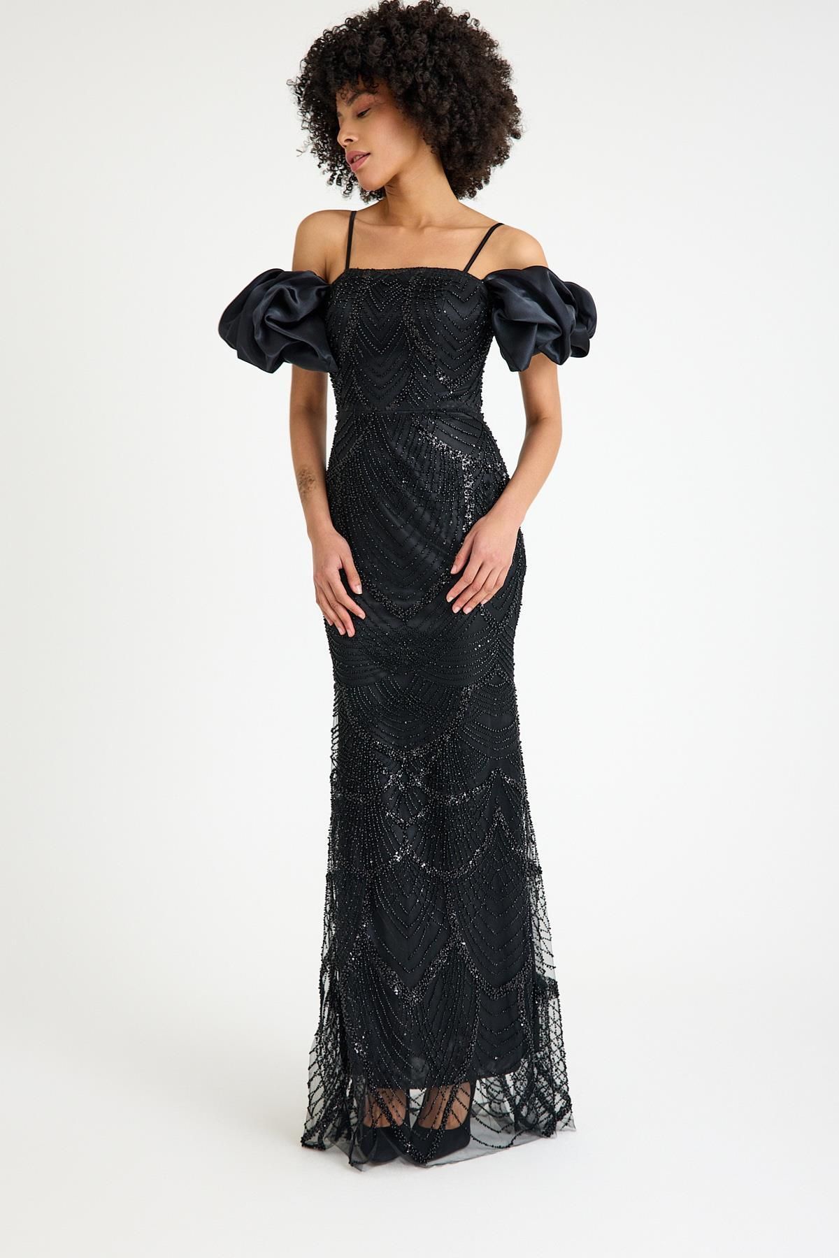 SpringStore-Black Off Shoulder Beading Embroidered Evening Dress 3