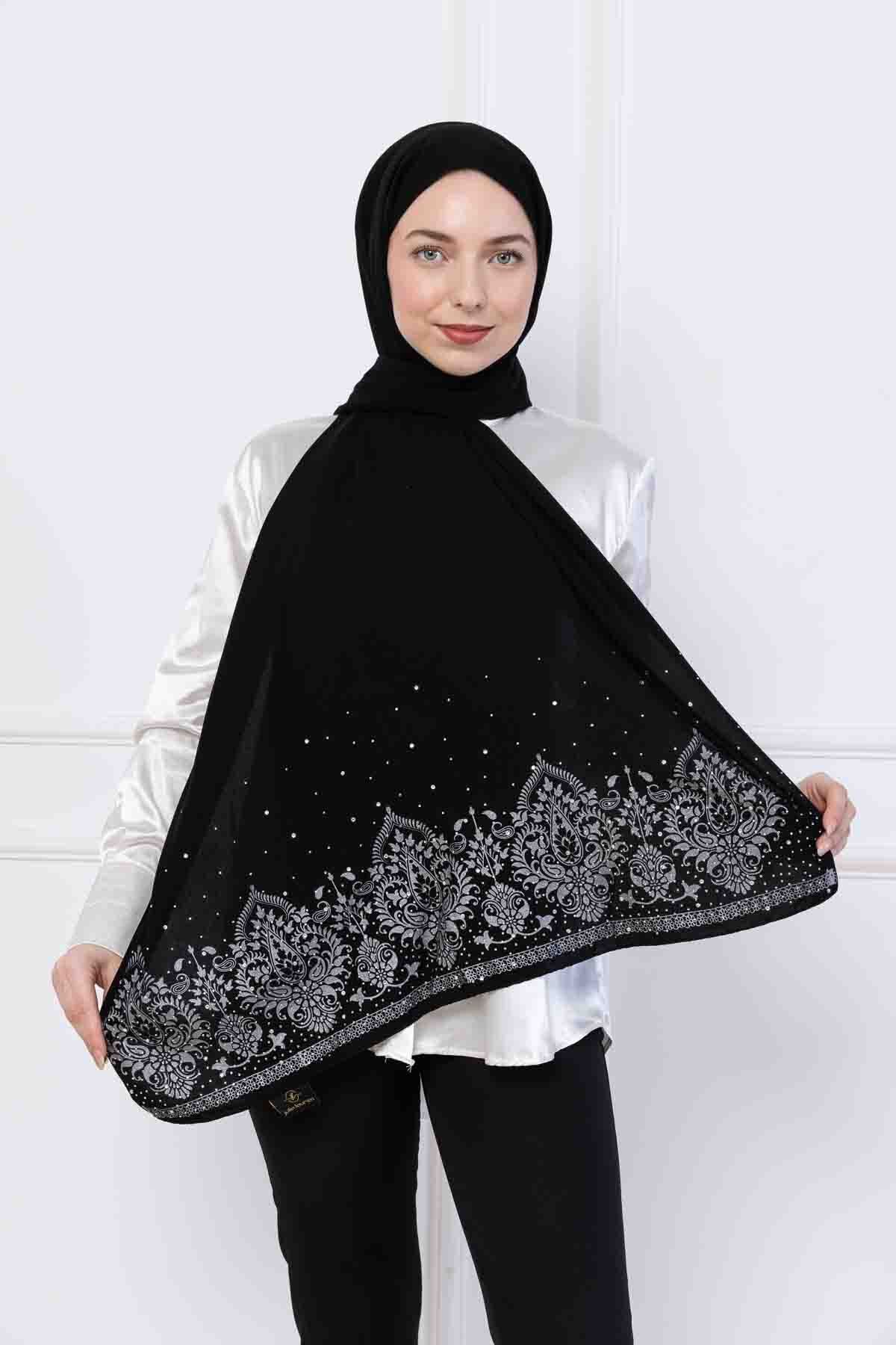 SEEMA Paisley Desenli Taş İşlemeli Siyah Şal – Özel Tasarım