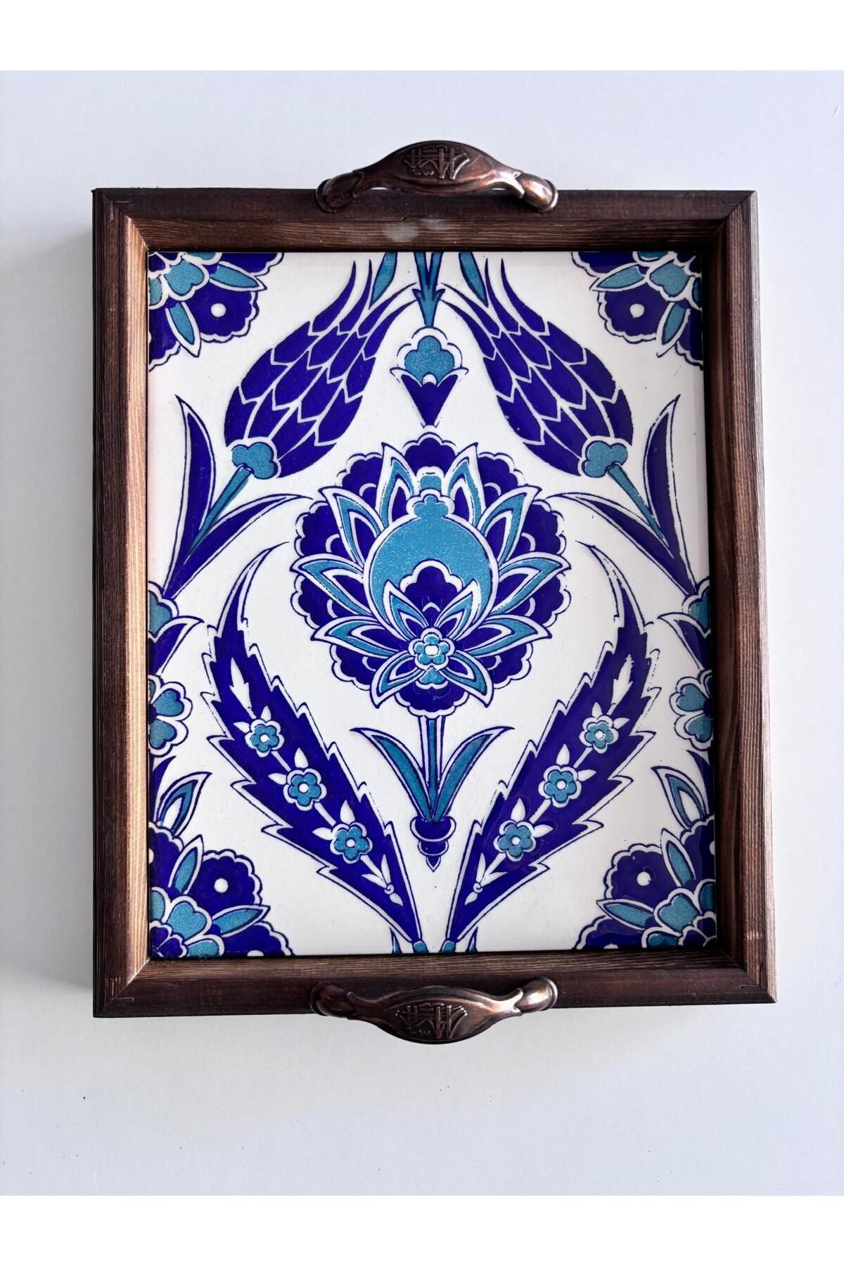 garaccu Çini Desenli Ahşap Sunumluk Tepsi Dikdörtgen 23x28 cm