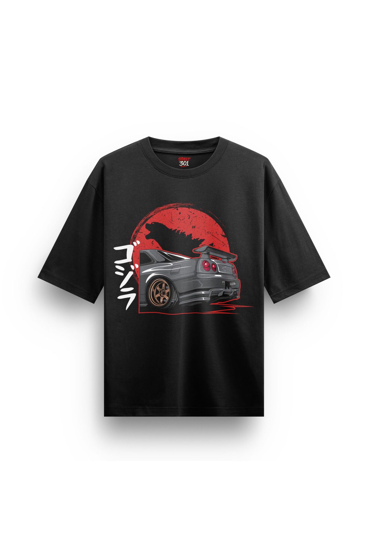 Street301 Unisex Godzilla Araba Baskılı Oversize T-Shirt