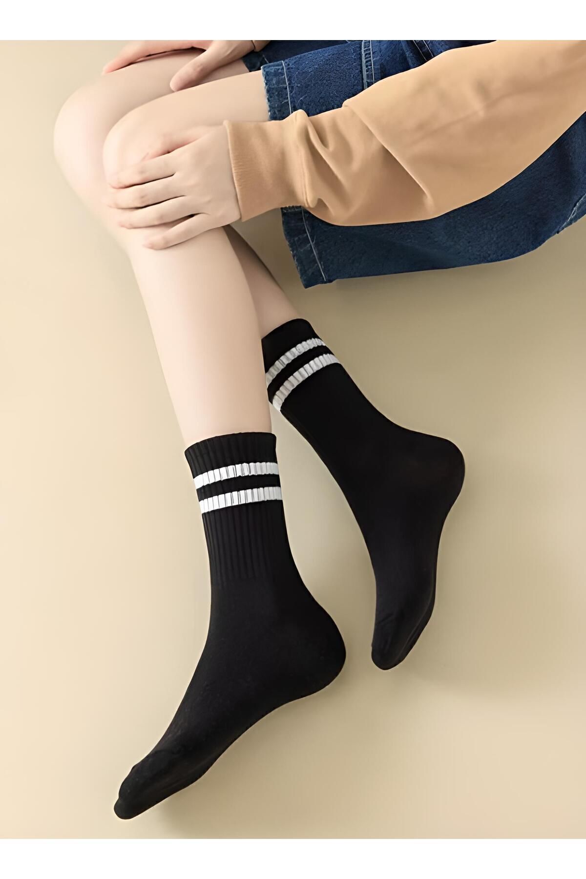 Ballet Unisex Siyah Çizgili Kolej Çorap 6'lı (Pamuk)